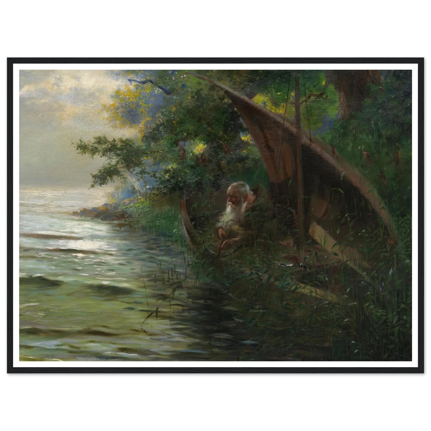 Auf der Jagd (Geistlicher im Ruderboot, am Seeufer Enten auflauernd) (1873) Art Print | Hans Thoma - Framed Poster - 30x40 cm / 12x16″ - Black frame