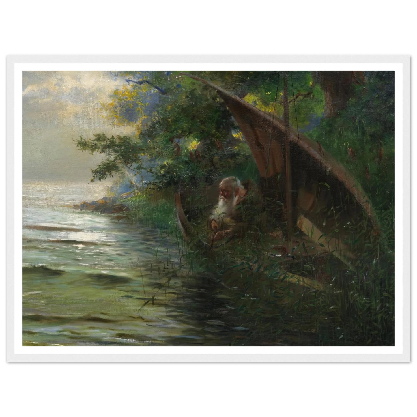 Auf der Jagd (Geistlicher im Ruderboot, am Seeufer Enten auflauernd) (1873) Art Print | Hans Thoma - Framed Poster - 30x40 cm / 12x16″ - Black frame