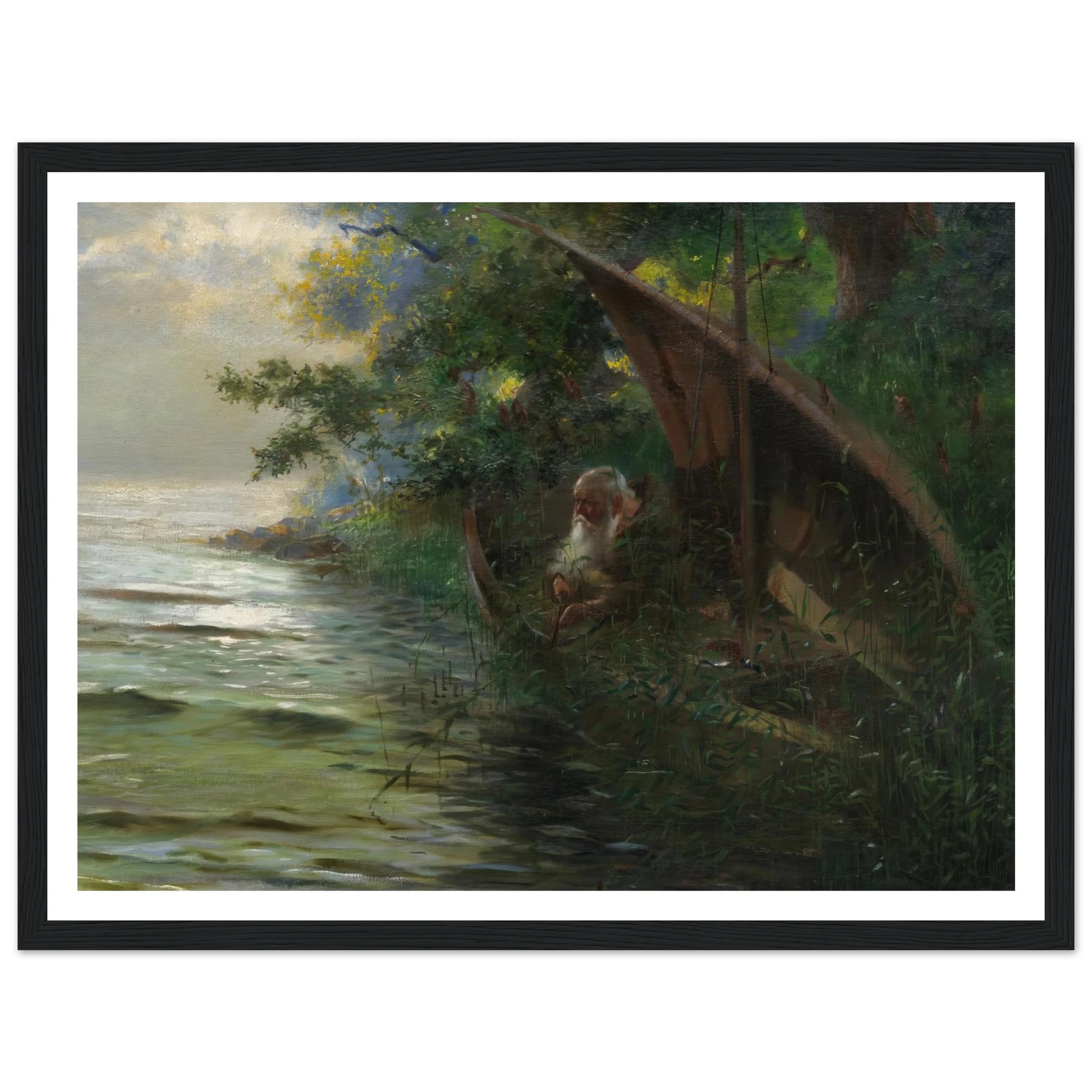 Auf der Jagd (Geistlicher im Ruderboot, am Seeufer Enten auflauernd) (1873) Art Print | Hans Thoma - Framed Poster - 30x40 cm / 12x16″ - Black frame