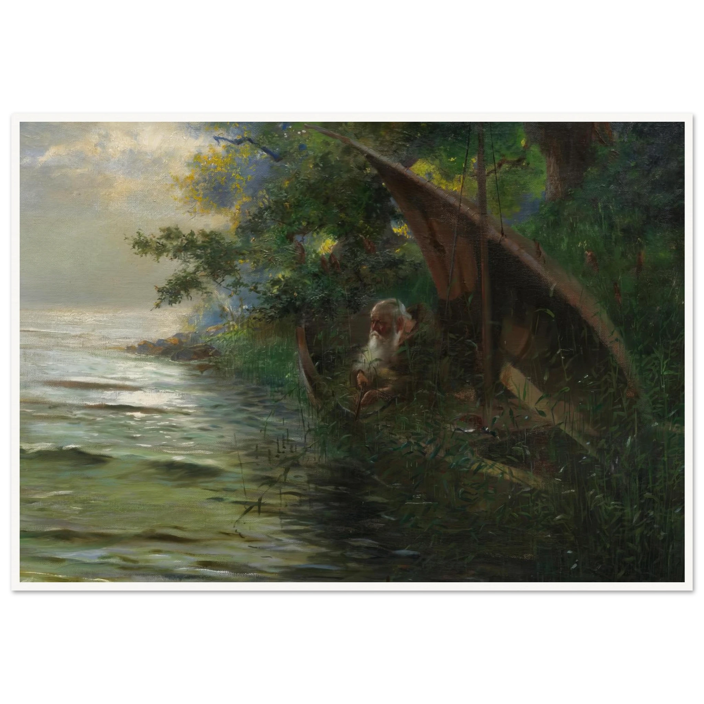 Auf der Jagd (Geistlicher im Ruderboot, am Seeufer Enten auflauernd) (1873) Art Print | Hans Thoma - Framed Poster - 30x40 cm / 12x16″ - Black frame