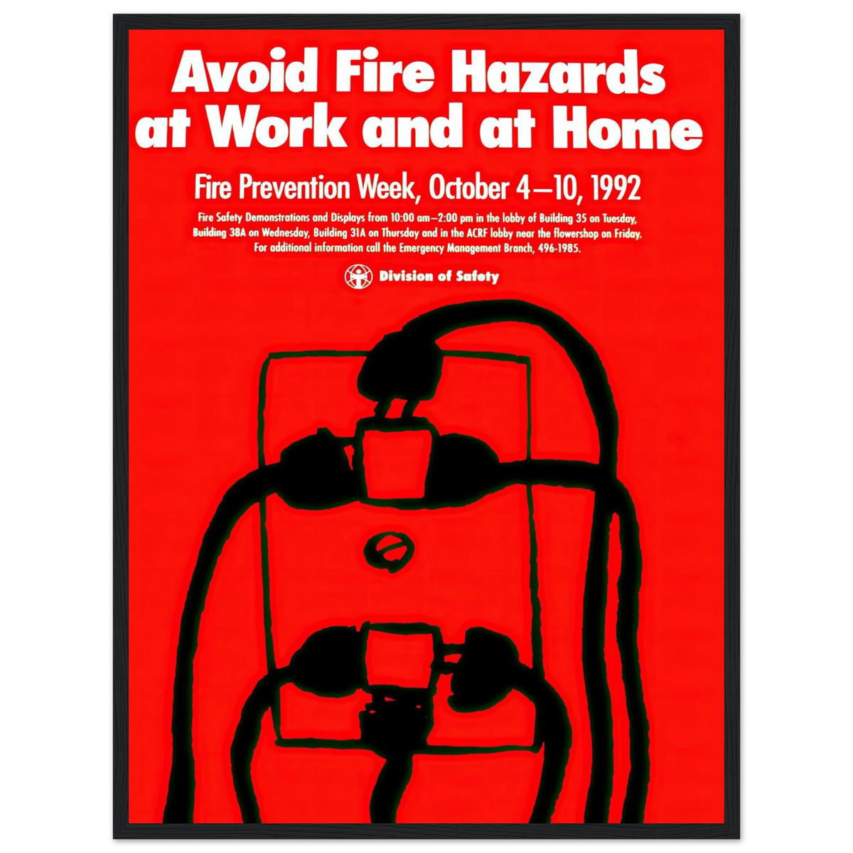Avoid fire hazards at work and at home (1992) Art Print | National Institutes of Health - Framed Poster - 30x40 cm / 12x16″ - Black frame