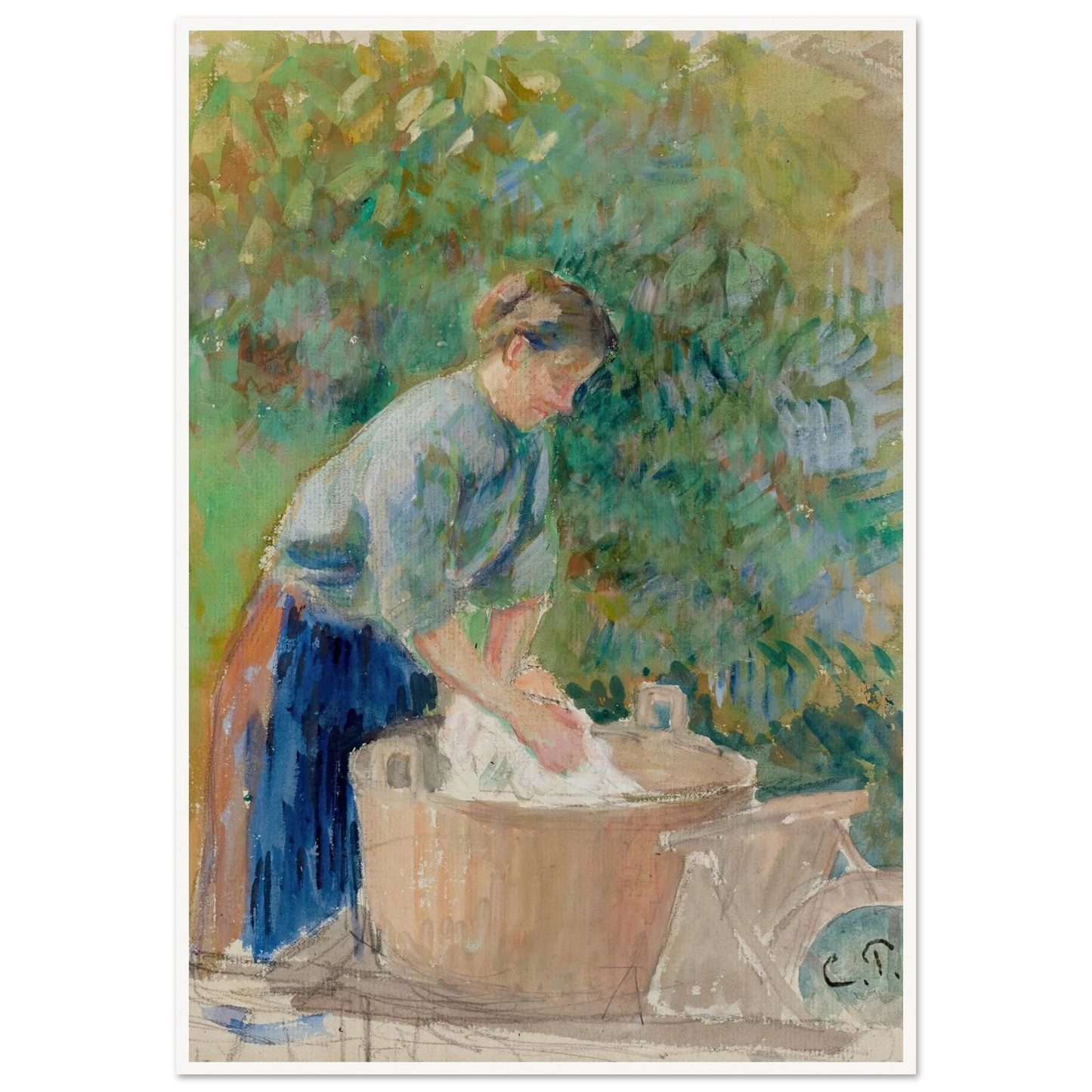 Femme lavant du linge dans un baquet (circa 1889) Art Print | Camille Pissarro-Quipham Collections