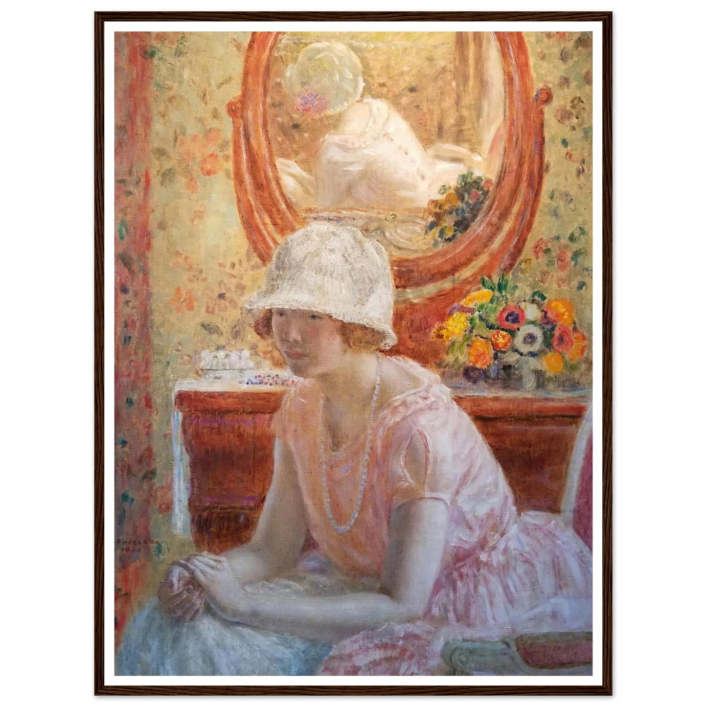 Young Girl Before a Mirror in a Pink Dress (1923) Art Print | Frederick Carl Frieseke-Quipham Collections
