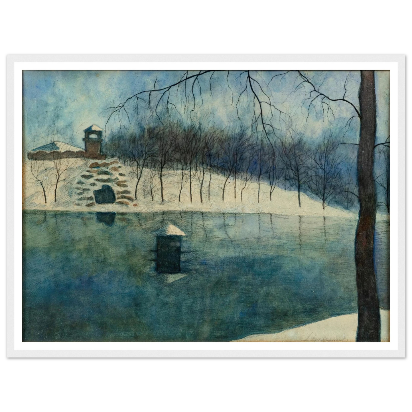 Le parc Léopold d’Ostende avec l’étang et le Trinkhall, sous la neige (1915) Art Print | Leon Spilliaert-Quipham Collections