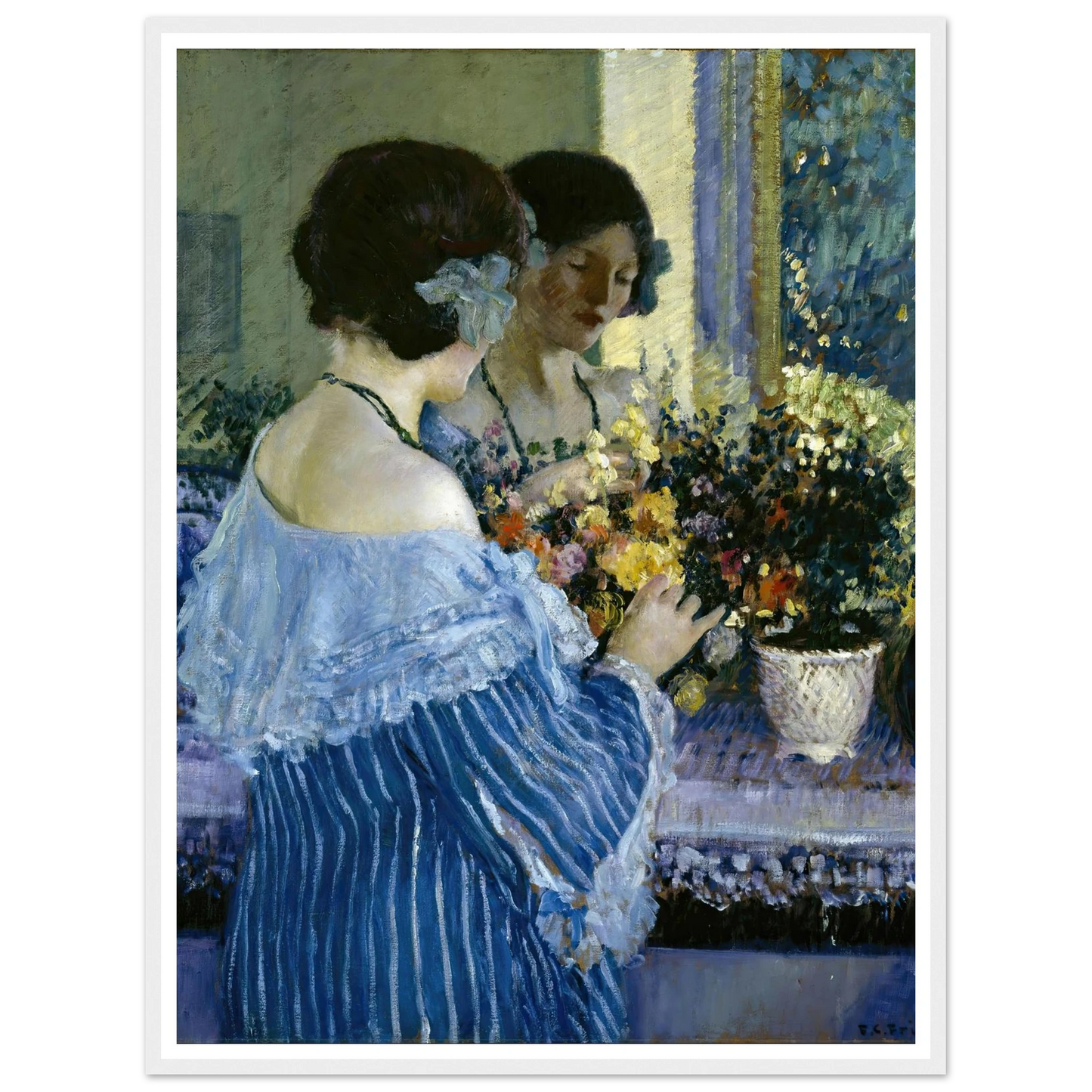 Girl in Blue Arranging Flowers (1915) Art Print | Frederick Carl Frieseke-Quipham Collections