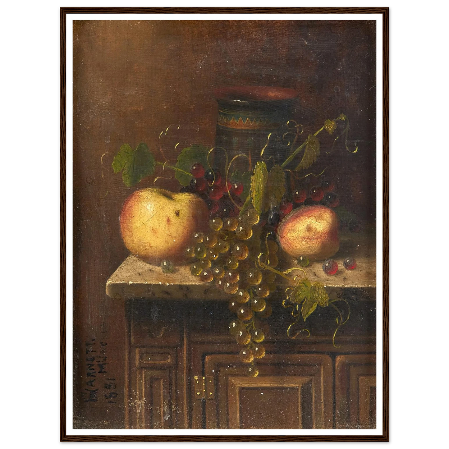 Still Life with Egyptian Vase, Apples and Grapes on a Marble Top Console (1881) Art Print | William Michael Harnett-Quipham Collections