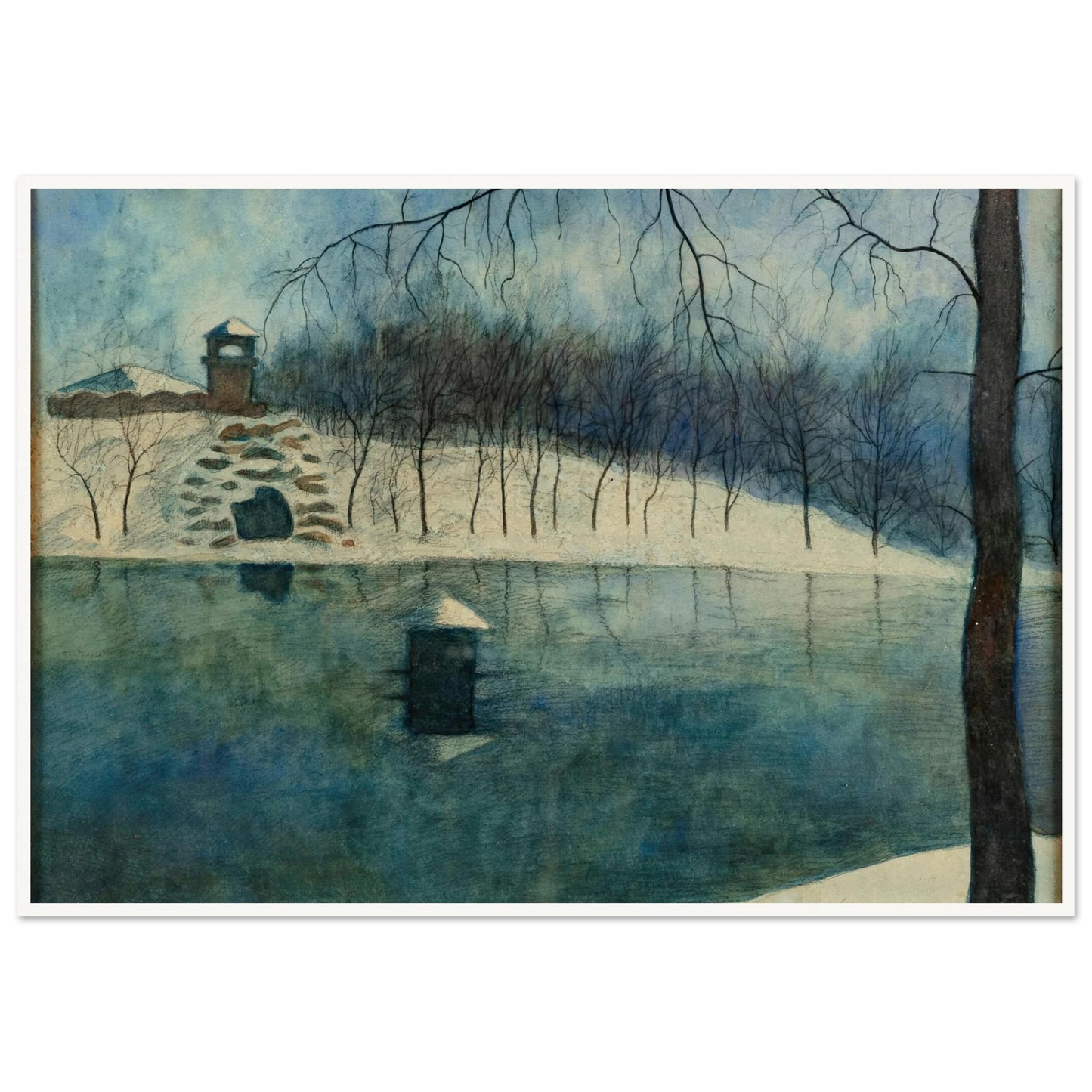 Le parc Léopold d’Ostende avec l’étang et le Trinkhall, sous la neige (1915) Art Print | Leon Spilliaert-Quipham Collections