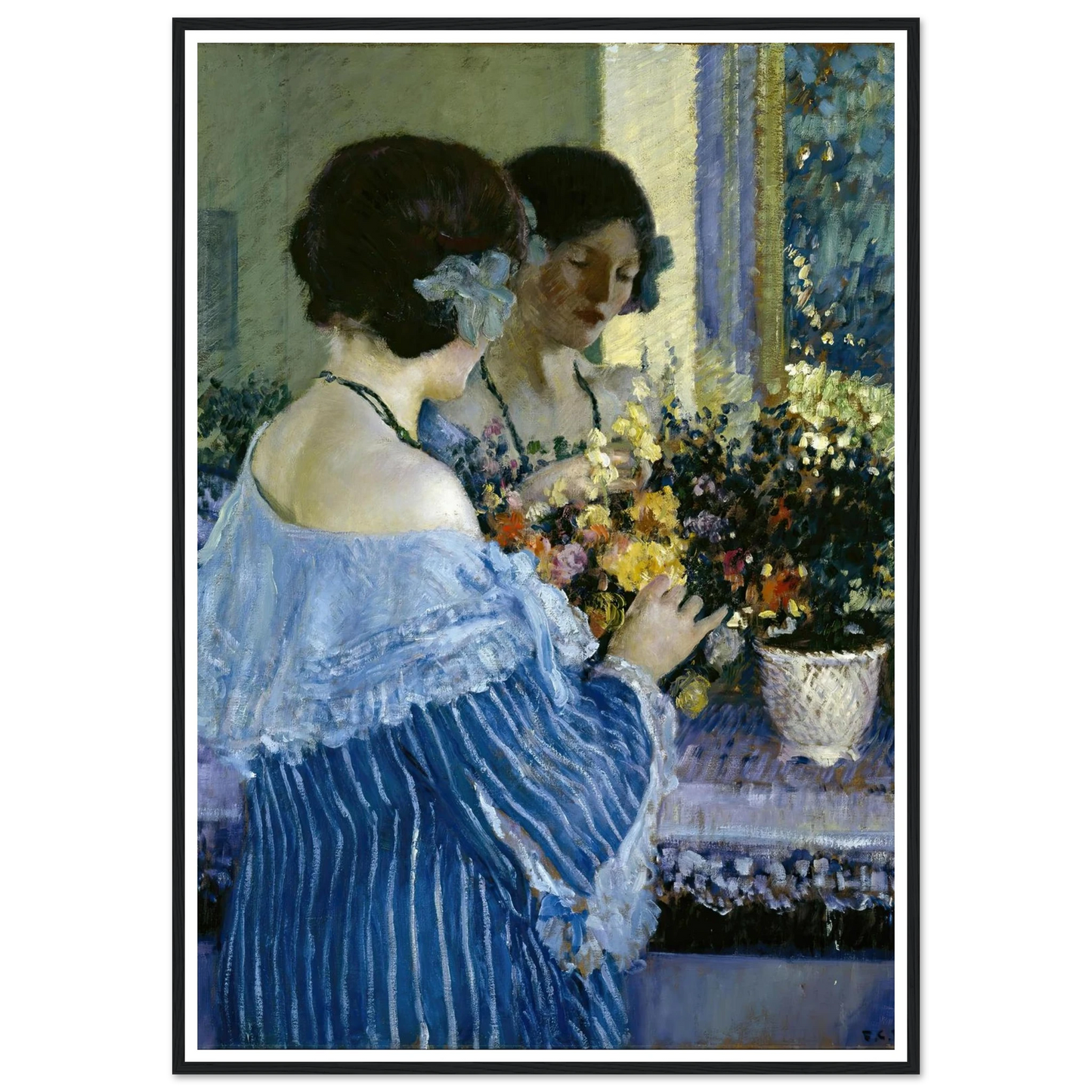 Girl in Blue Arranging Flowers (1915) Art Print | Frederick Carl Frieseke-Quipham Collections