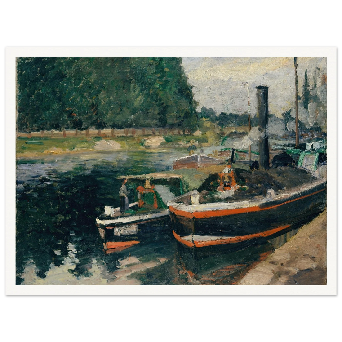 Barges at Pontoise (1876) Art Print | Camille Pissarro - Framed Poster - 30x40 cm / 12x16″ - Black frame