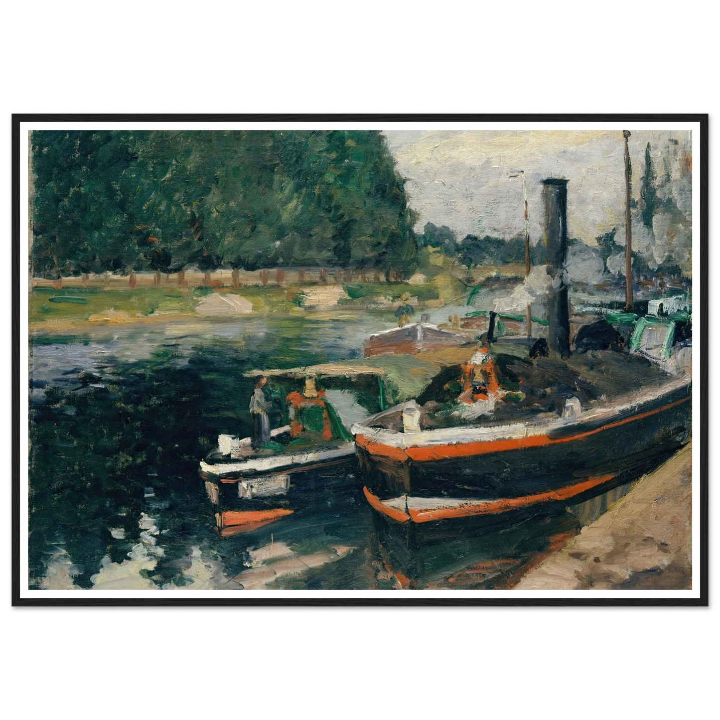 Barges at Pontoise (1876) Art Print | Camille Pissarro - Framed Poster - 30x40 cm / 12x16″ - Black frame