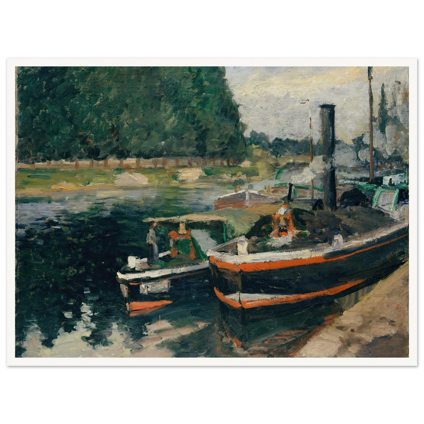 Barges at Pontoise (1876) Art Print | Camille Pissarro - Framed Poster - 30x40 cm / 12x16″ - Black frame