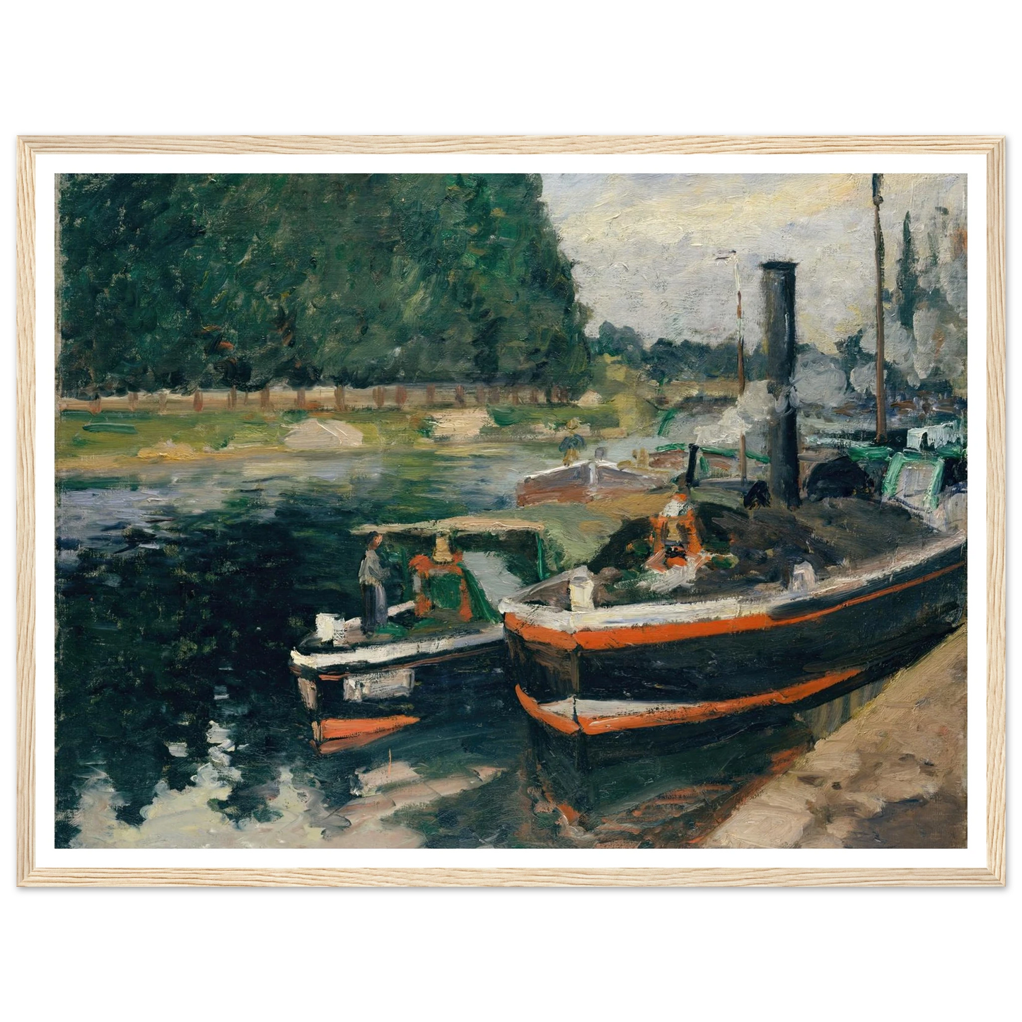 Barges at Pontoise (1876) Art Print | Camille Pissarro - Framed Poster - 30x40 cm / 12x16″ - Black frame