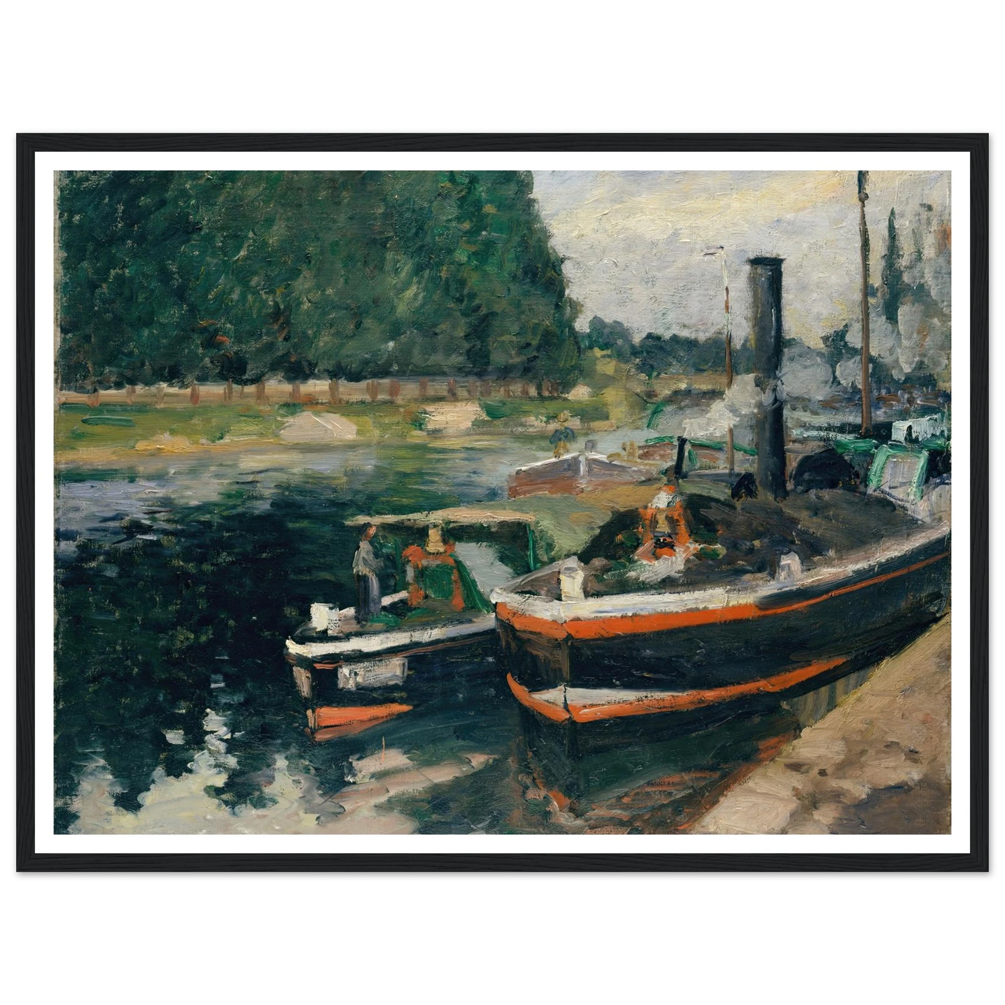 Barges at Pontoise (1876) Art Print | Camille Pissarro - Framed Poster - 30x40 cm / 12x16″ - Black frame