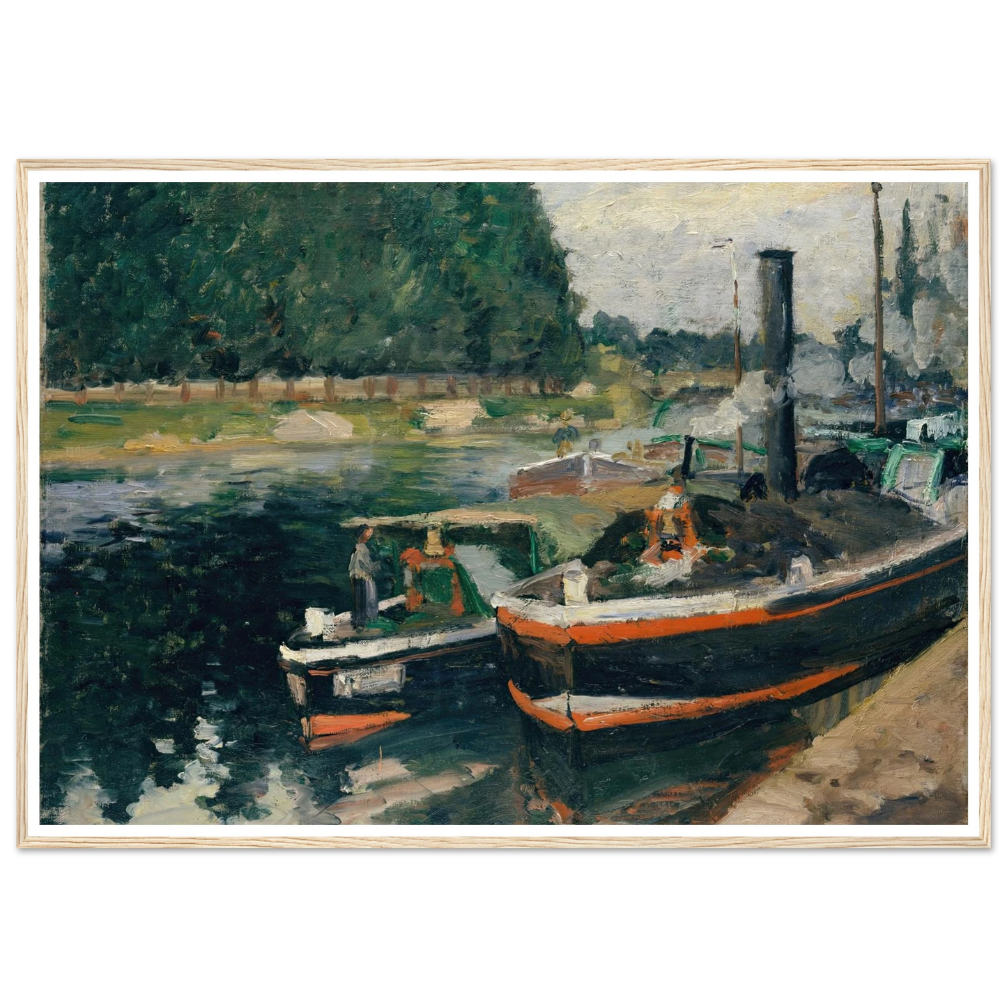 Barges at Pontoise (1876) Art Print | Camille Pissarro - Framed Poster - 30x40 cm / 12x16″ - Black frame