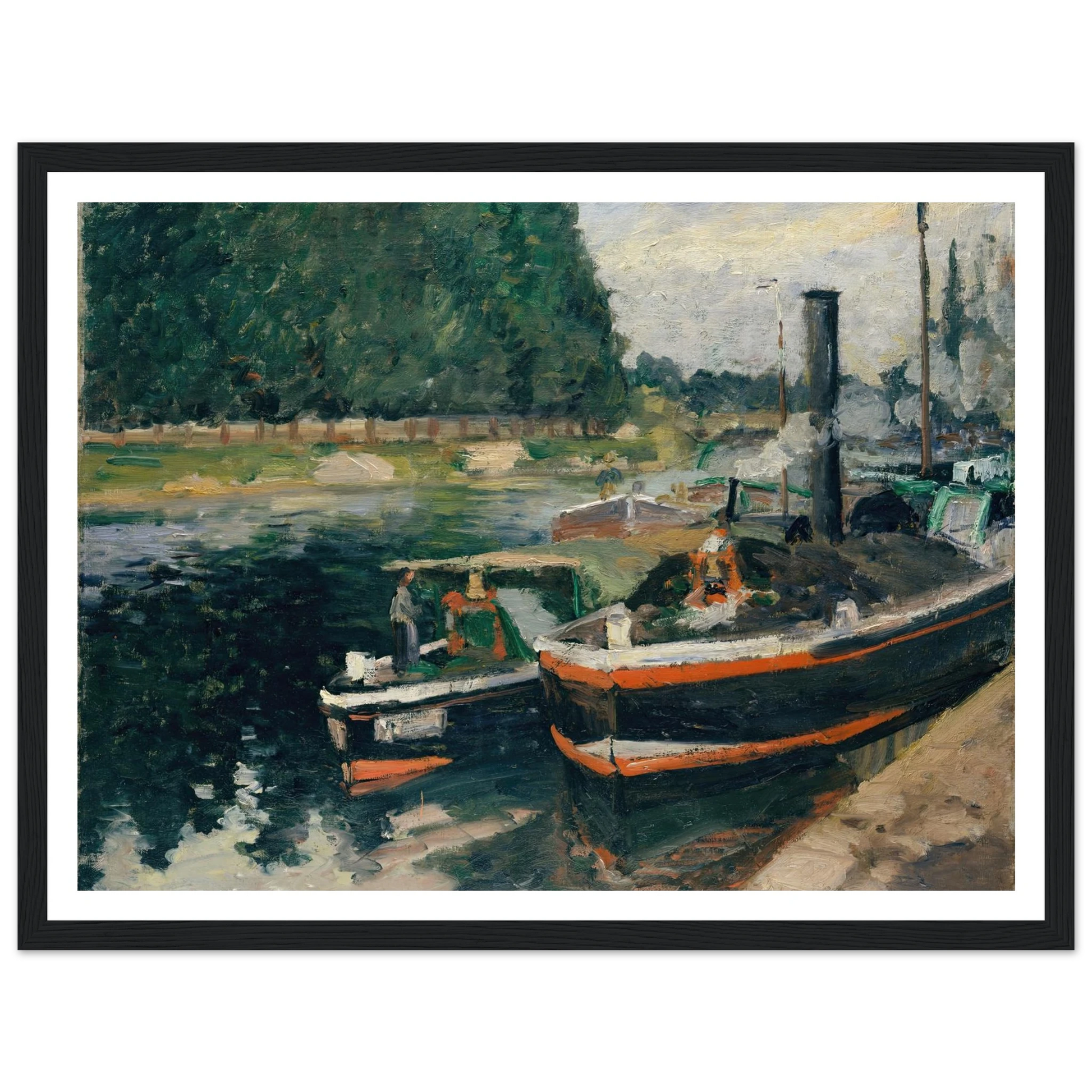 Barges at Pontoise (1876) Art Print | Camille Pissarro - Framed Poster - 30x40 cm / 12x16″ - Black frame