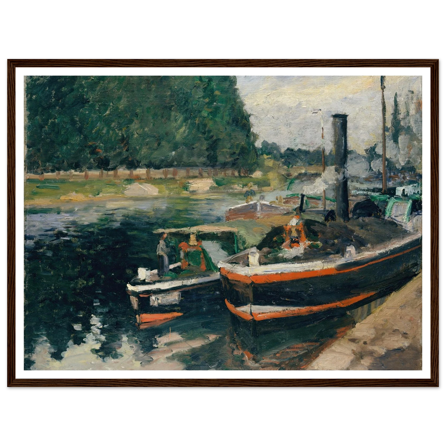 Barges at Pontoise (1876) Art Print | Camille Pissarro - Framed Poster - 30x40 cm / 12x16″ - Black frame
