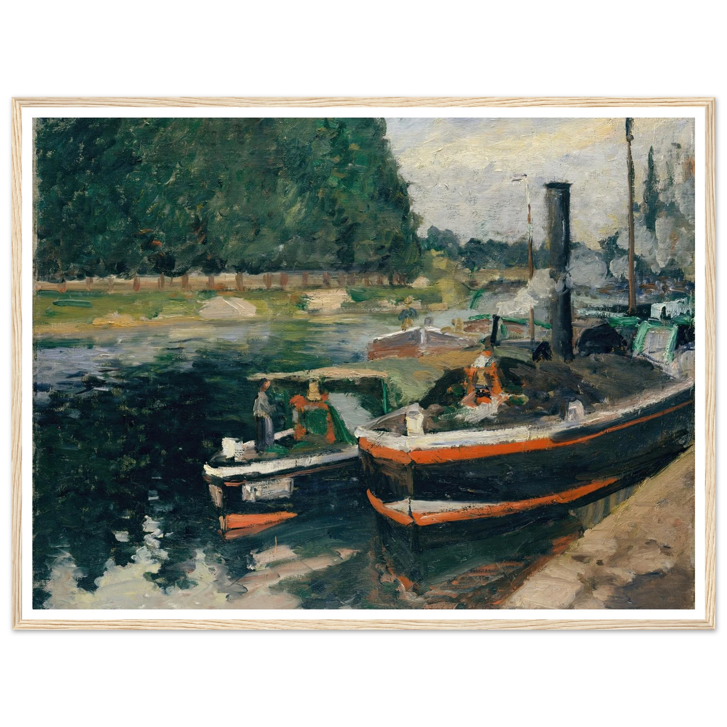 Barges at Pontoise (1876) Art Print | Camille Pissarro - Framed Poster - 30x40 cm / 12x16″ - Black frame