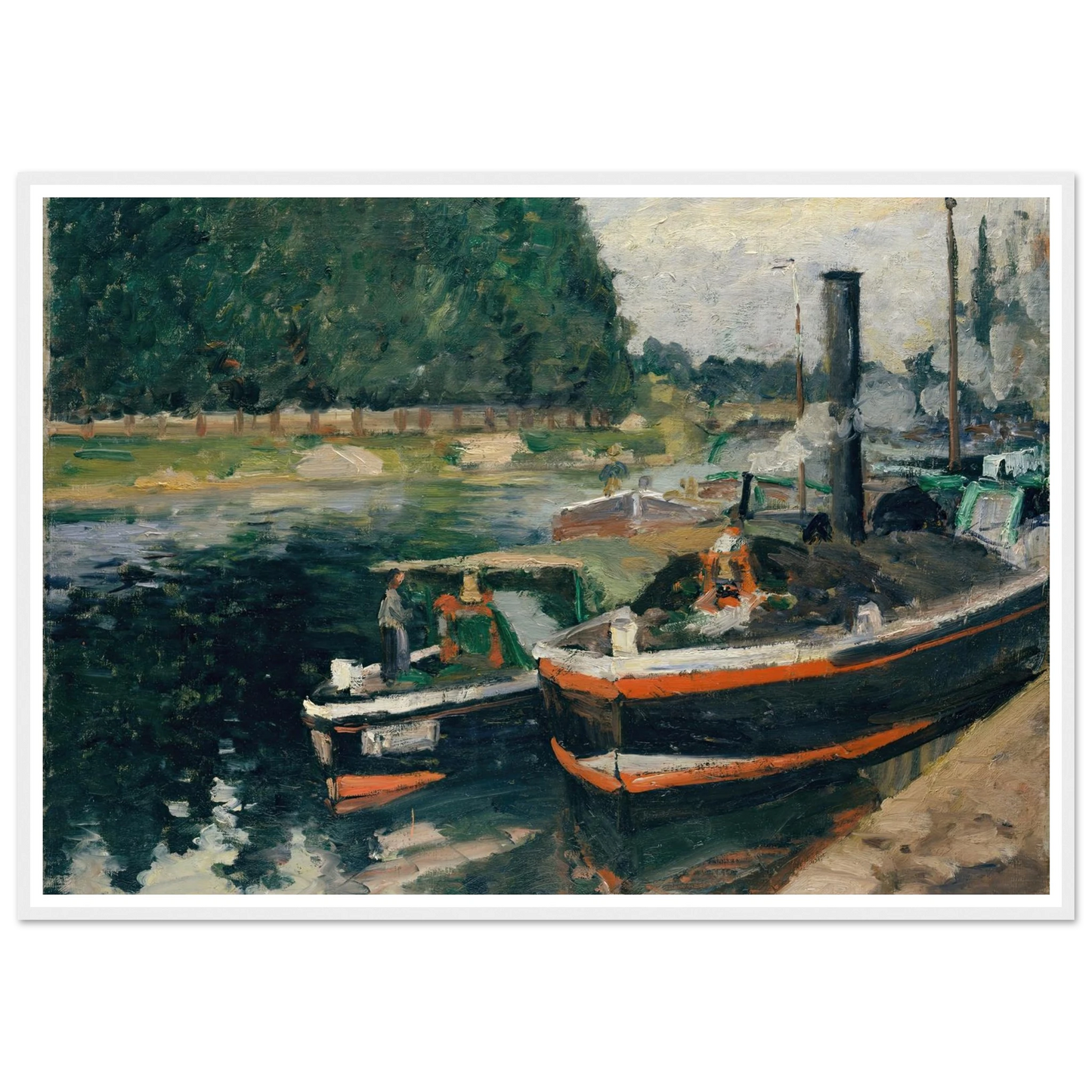 Barges at Pontoise (1876) Art Print | Camille Pissarro - Framed Poster - 30x40 cm / 12x16″ - Black frame