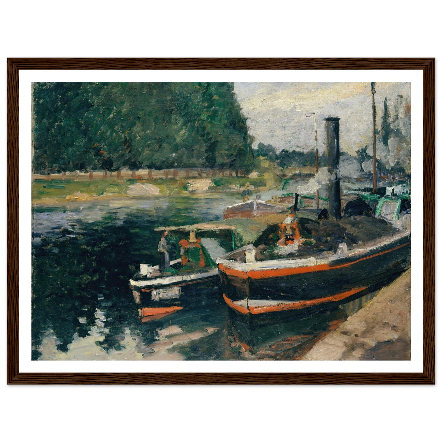 Barges at Pontoise (1876) Art Print | Camille Pissarro - Framed Poster - 30x40 cm / 12x16″ - Black frame