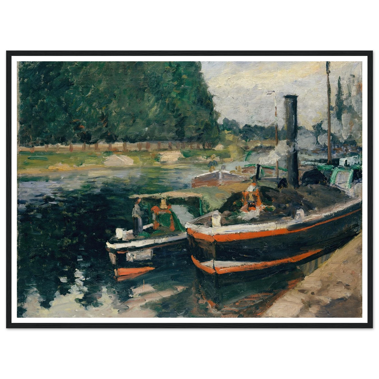 Barges at Pontoise (1876) Art Print | Camille Pissarro - Framed Poster - 30x40 cm / 12x16″ - Black frame