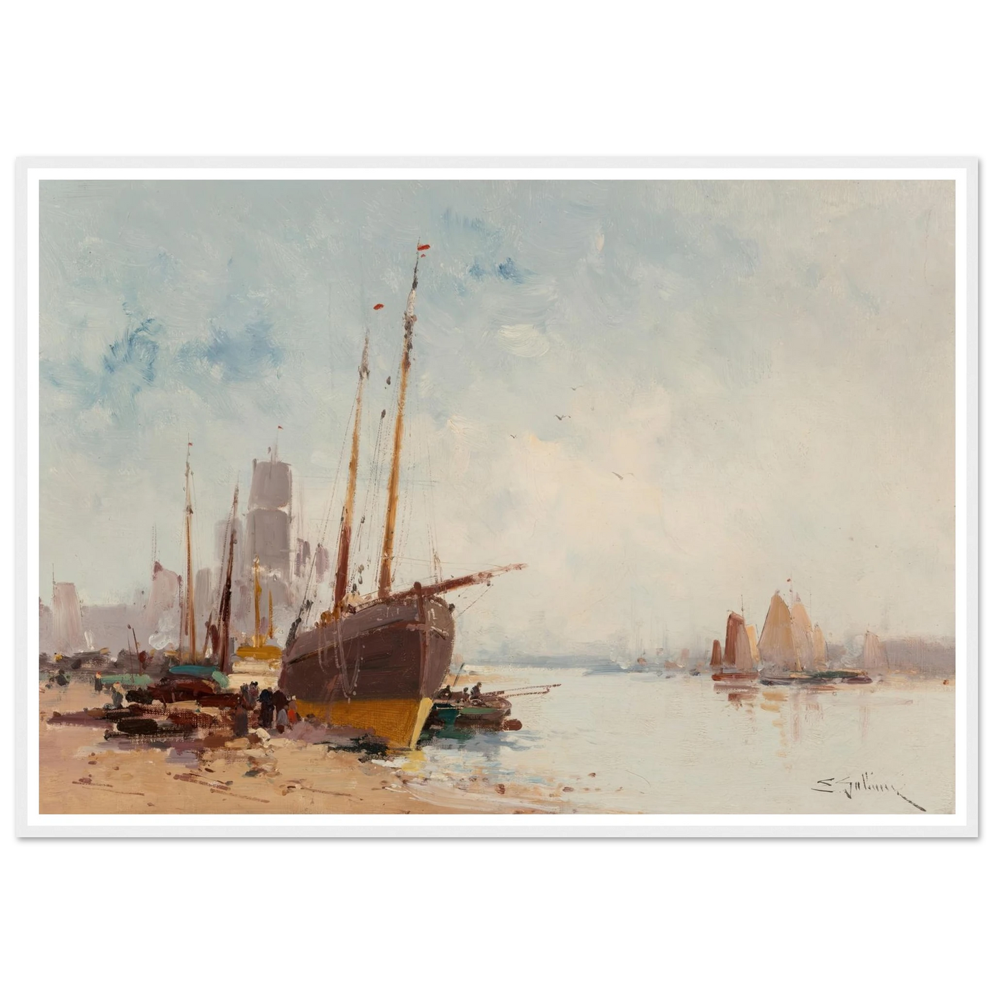Bateaux au port Art Print | Eugene Galien Laloue - Framed Poster - 30x40 cm / 12x16″ - Black frame