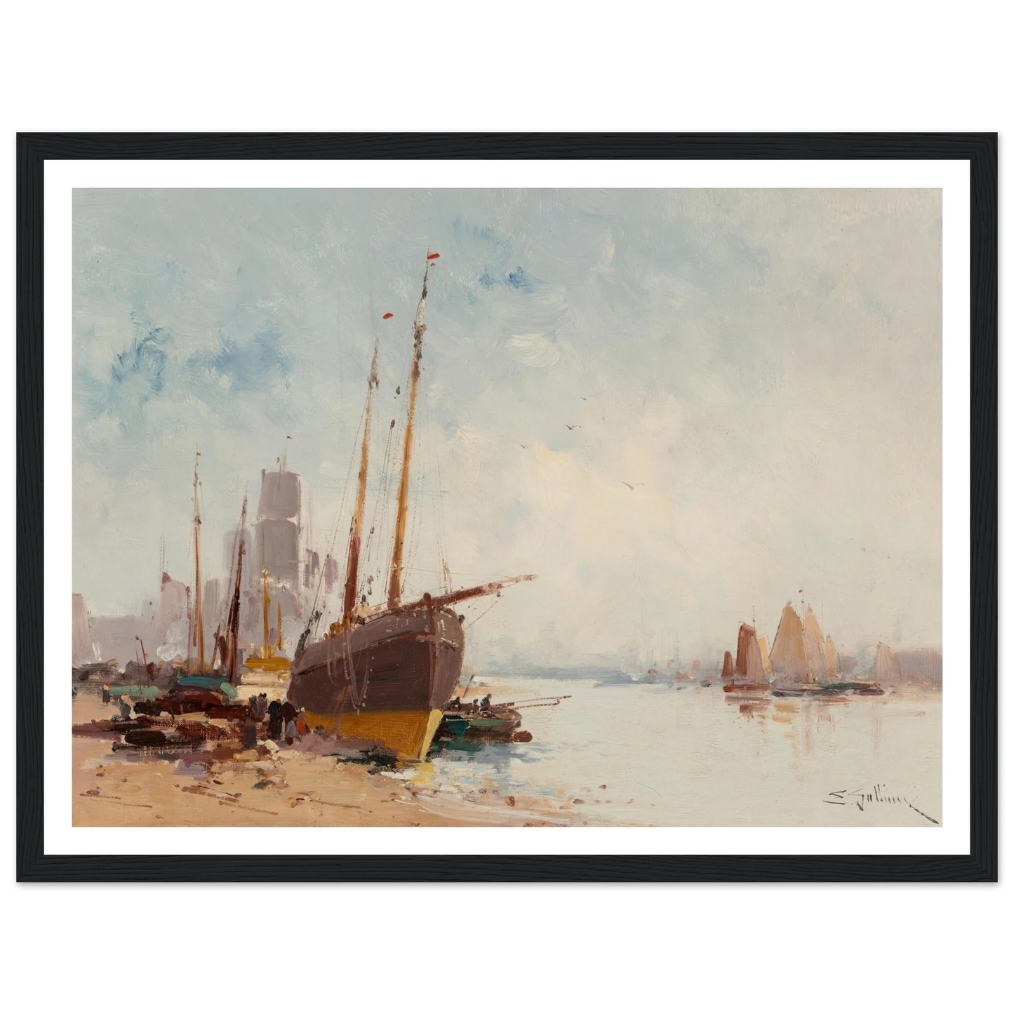 Bateaux au port Art Print | Eugene Galien Laloue - Framed Poster - 30x40 cm / 12x16″ - Black frame