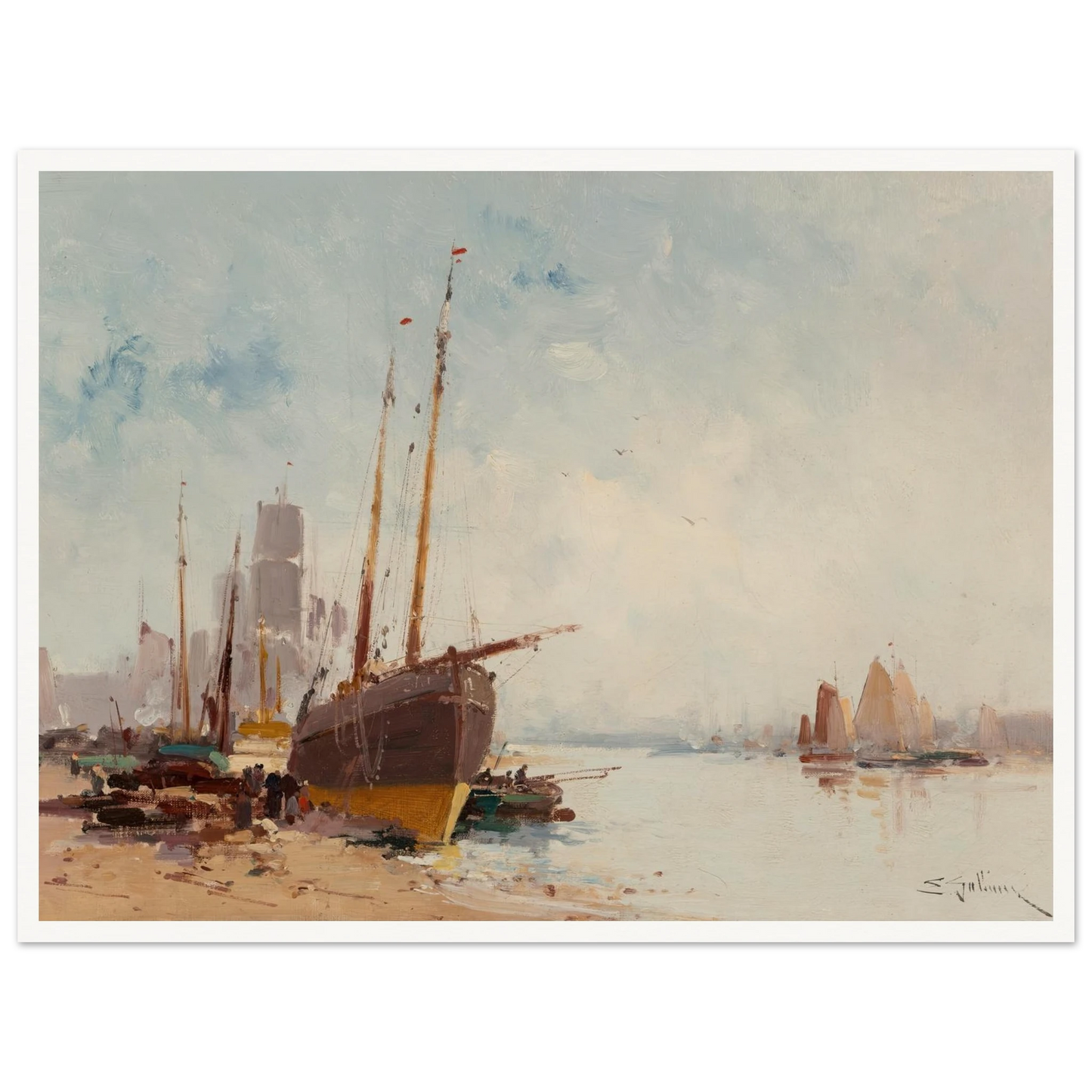 Bateaux au port Art Print | Eugene Galien Laloue - Framed Poster - 30x40 cm / 12x16″ - Black frame