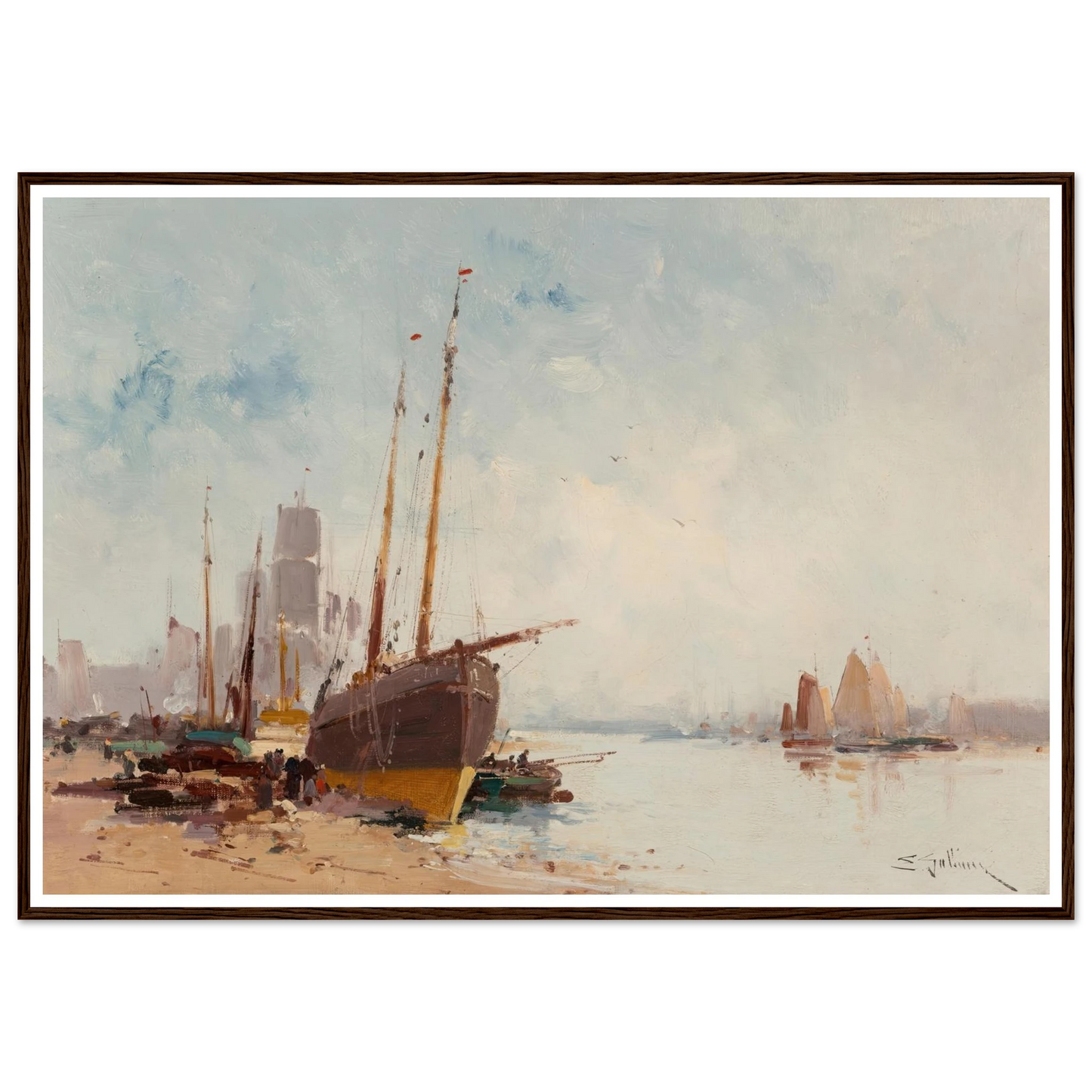 Bateaux au port Art Print | Eugene Galien Laloue - Framed Poster - 30x40 cm / 12x16″ - Black frame