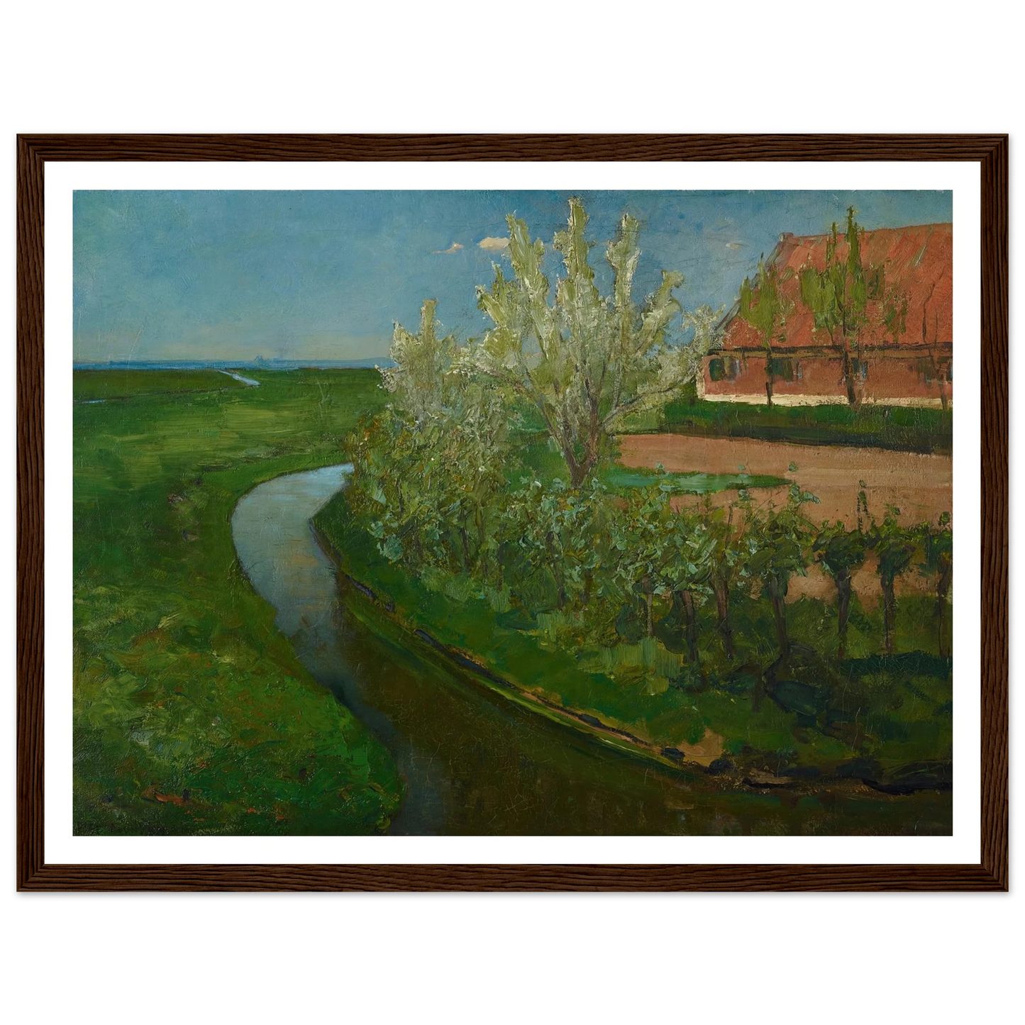 Gebogen irrigatiegracht grenzend aan boerenerf met Bloeiende bomen (Curved Irrigation Ditch Bordering Farmyard with Flowering Trees) (1902) Art Print | Piet Mondrian-Quipham Collections