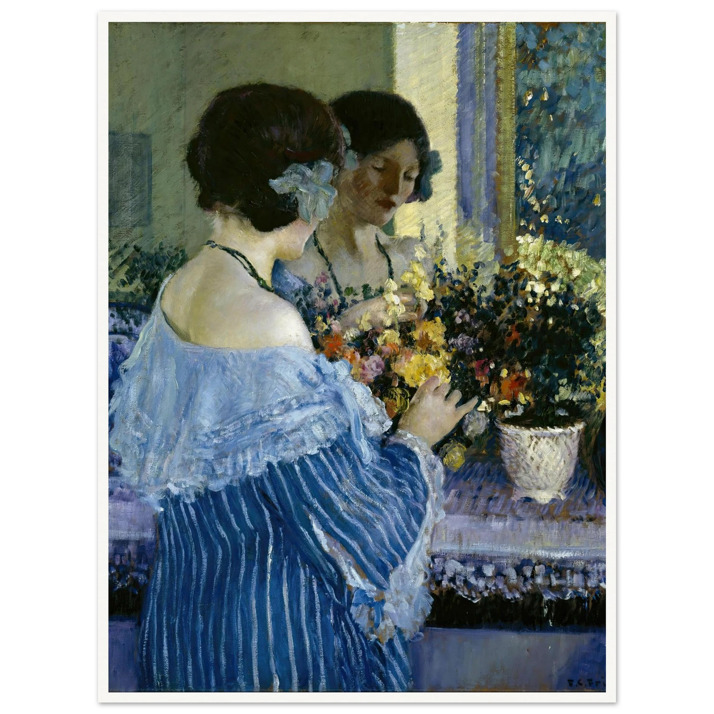 Girl in Blue Arranging Flowers (1915) Art Print | Frederick Carl Frieseke-Quipham Collections