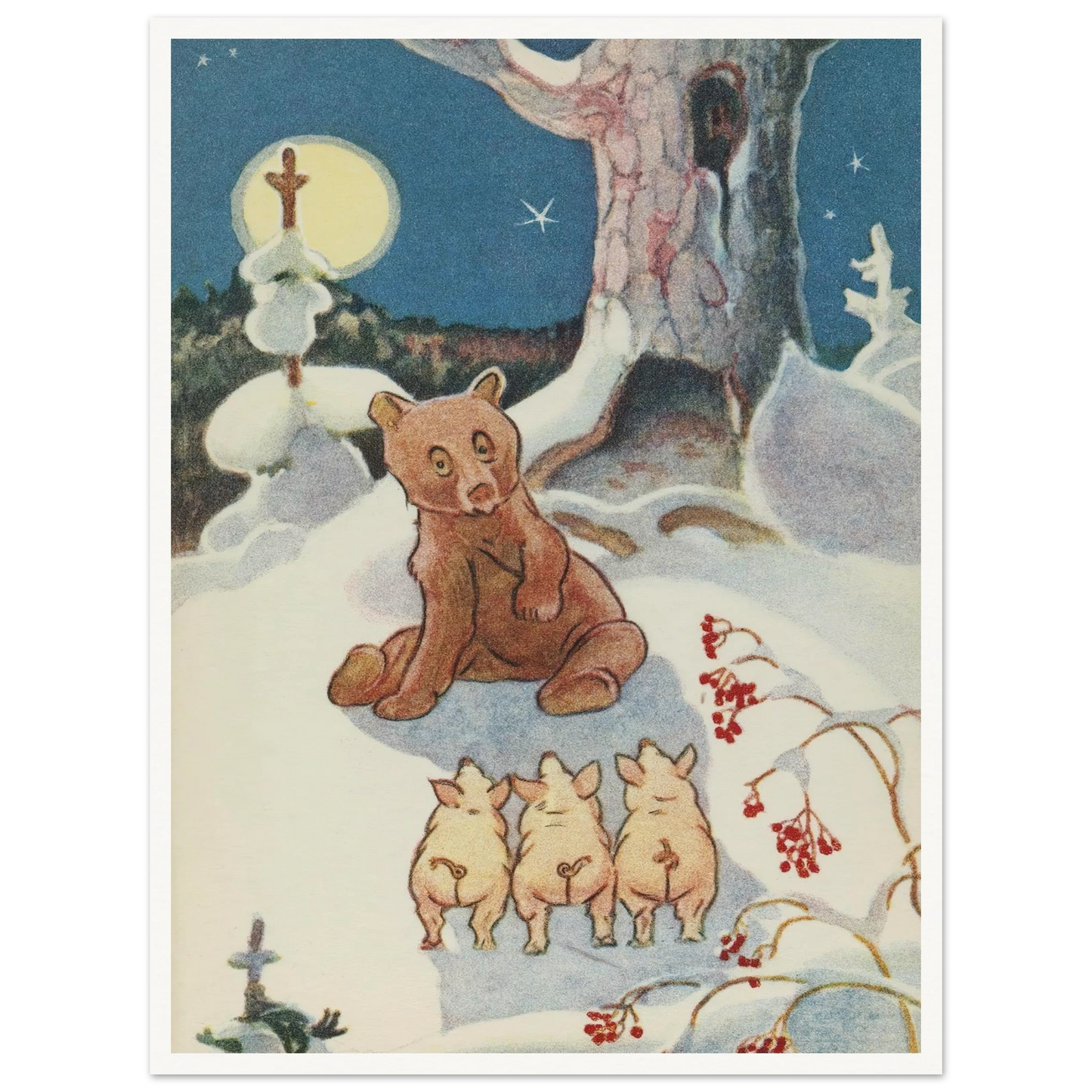Bear and Pigs Snowy Night - Framed Poster - 30x40 cm / 12x16″ - Black frame