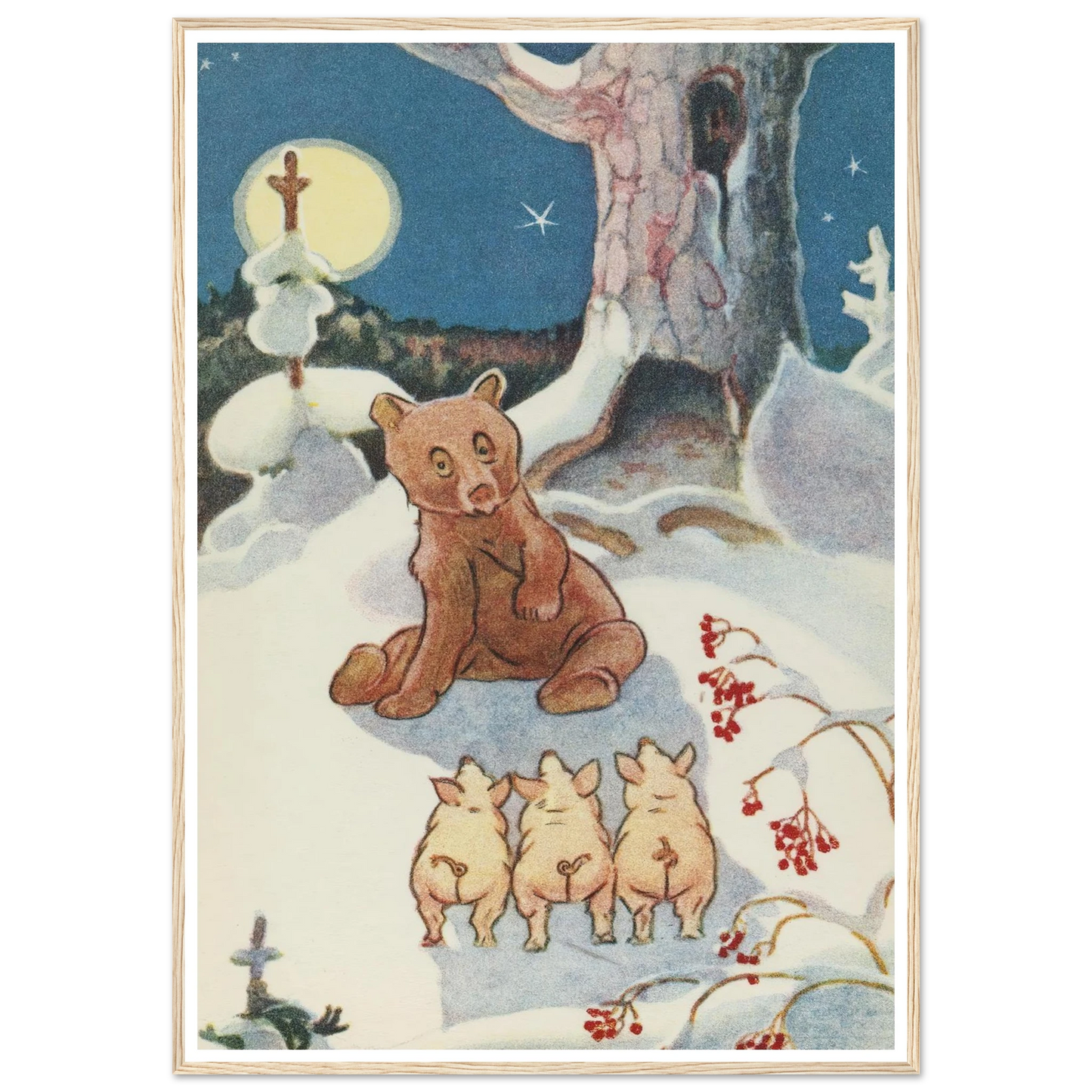 Bear and Pigs Snowy Night - Framed Poster - 30x40 cm / 12x16″ - Black frame