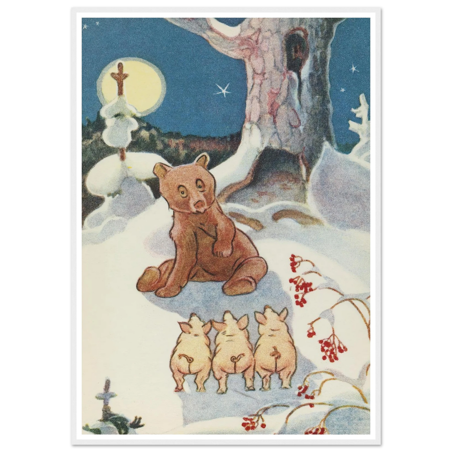 Bear and Pigs Snowy Night - Framed Poster - 30x40 cm / 12x16″ - Black frame