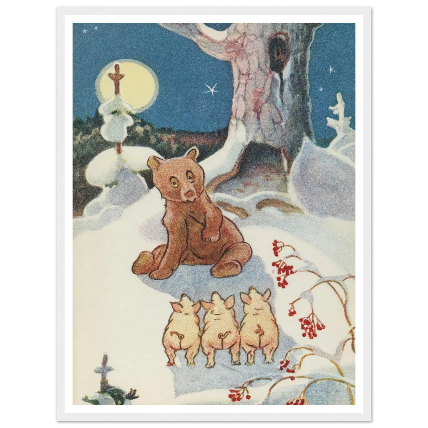 Bear and Pigs Snowy Night - Framed Poster - 30x40 cm / 12x16″ - Black frame
