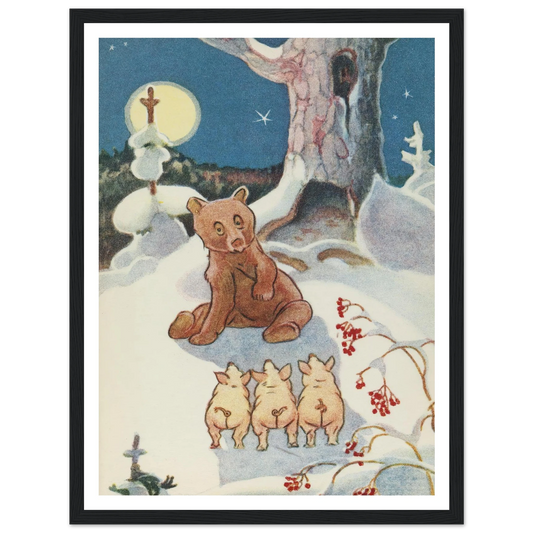 Bear and Pigs Snowy Night - Framed Poster - 30x40 cm / 12x16″ - Black frame