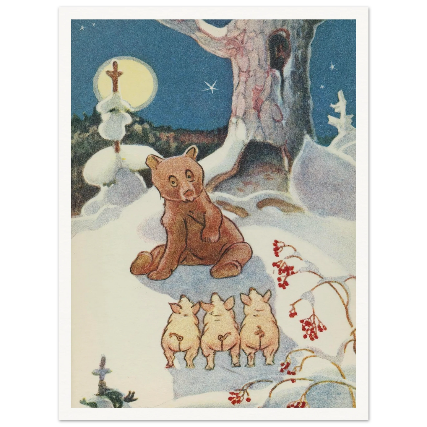 Bear and Pigs Snowy Night - Framed Poster - 30x40 cm / 12x16″ - Black frame