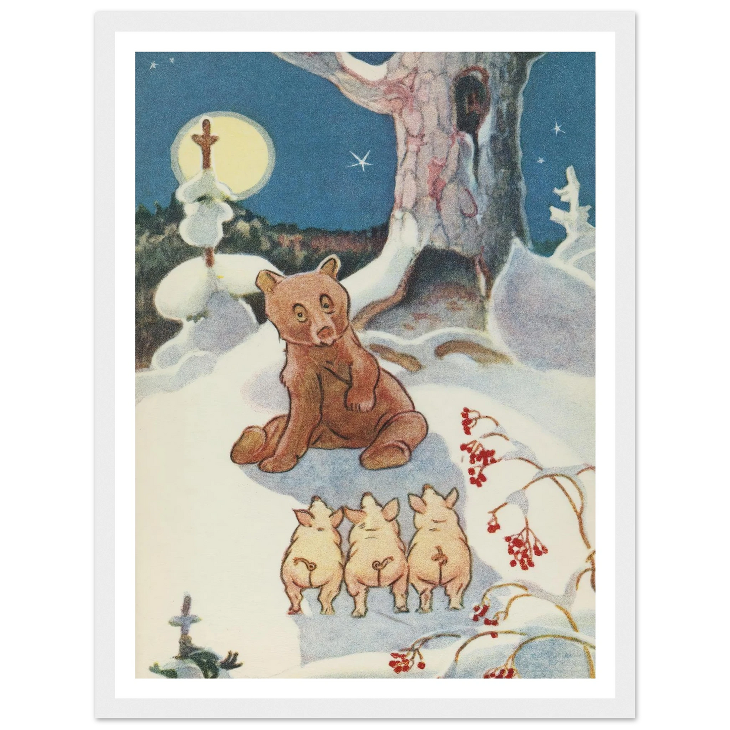 Bear and Pigs Snowy Night - Framed Poster - 30x40 cm / 12x16″ - Black frame