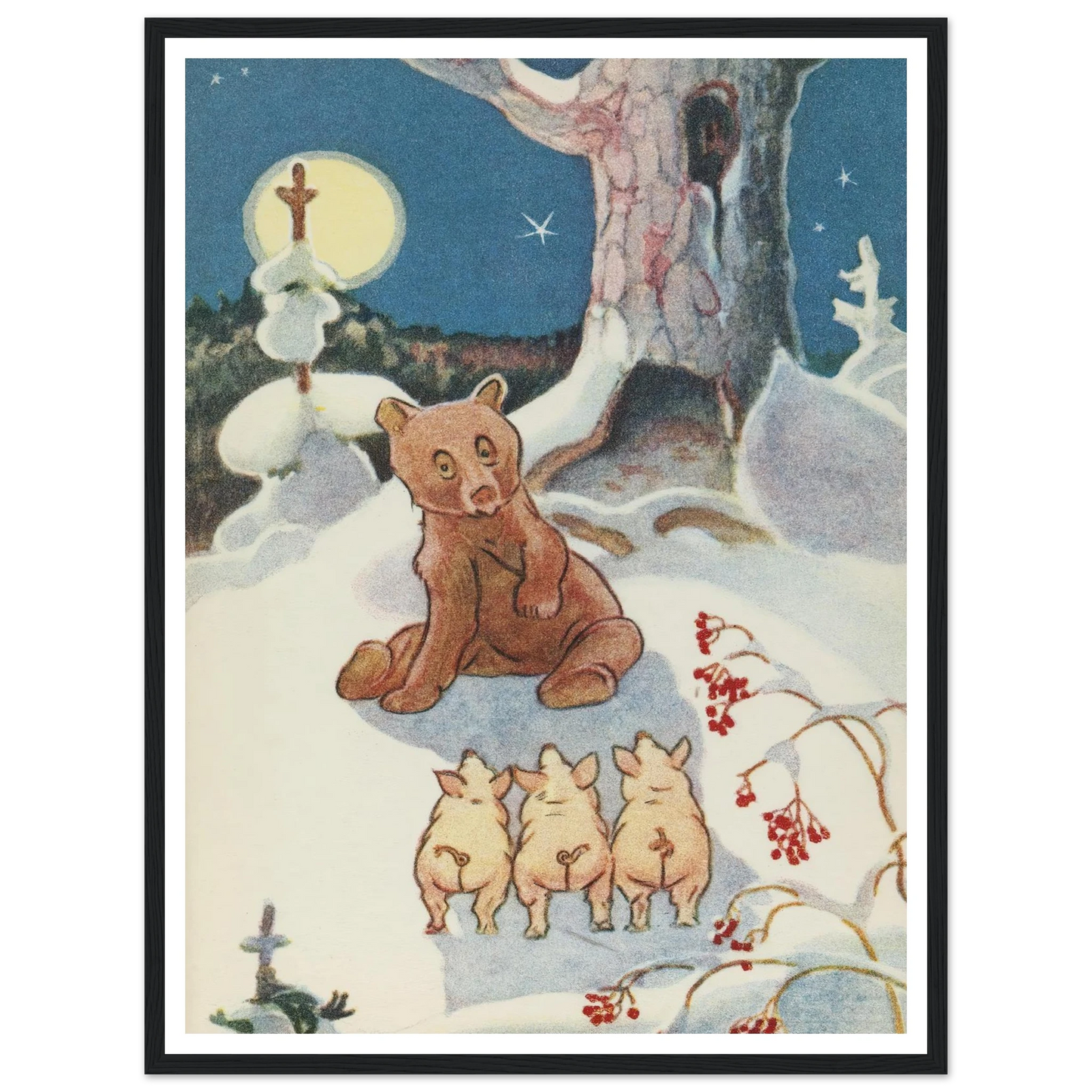 Bear and Pigs Snowy Night - Framed Poster - 30x40 cm / 12x16″ - Black frame