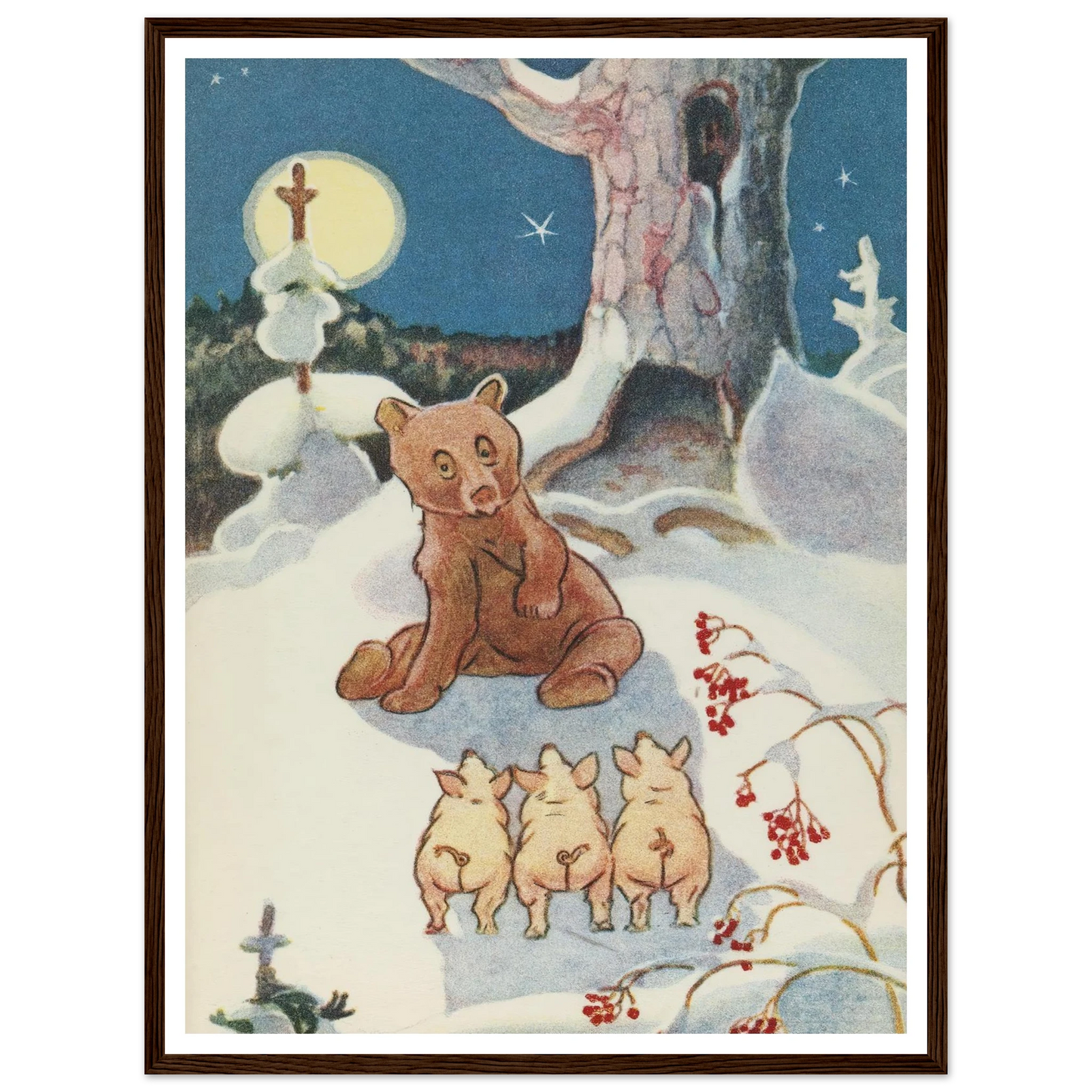 Bear and Pigs Snowy Night - Framed Poster - 30x40 cm / 12x16″ - Black frame