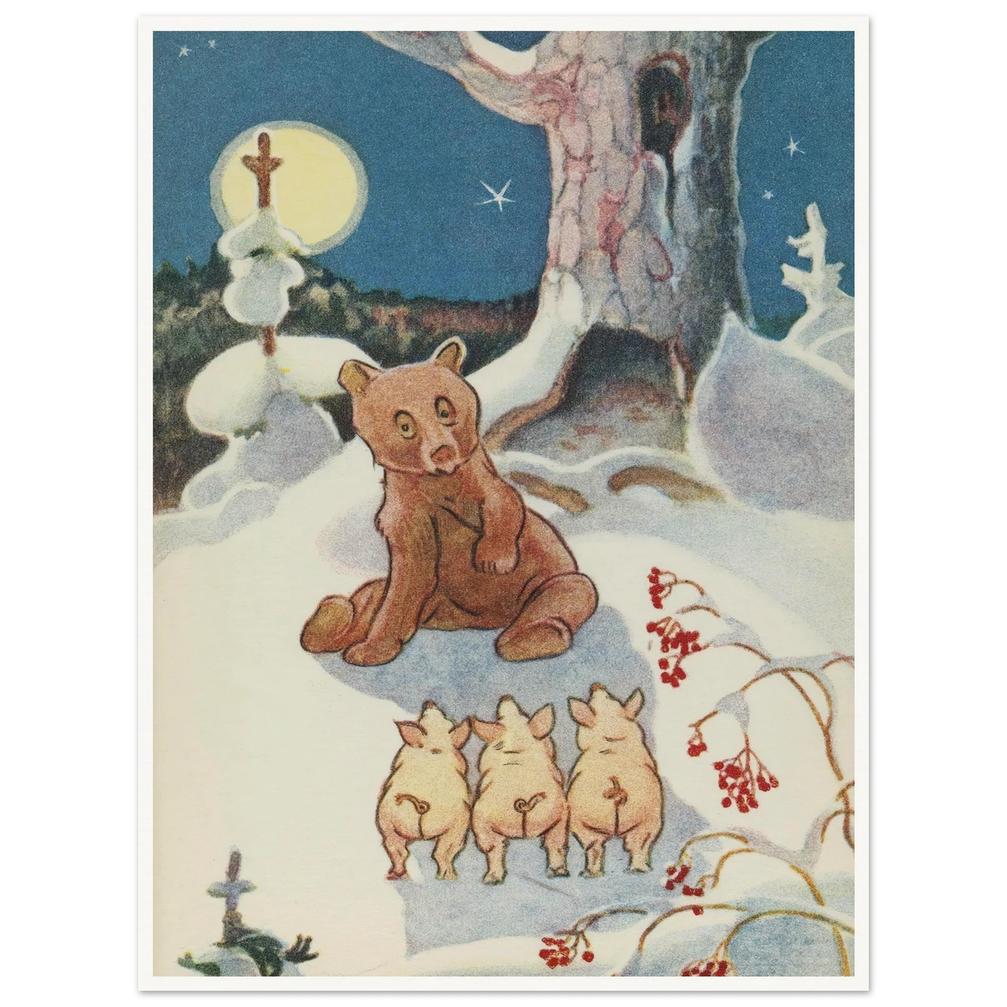 Bear and Pigs Snowy Night - Framed Poster - 30x40 cm / 12x16″ - Black frame