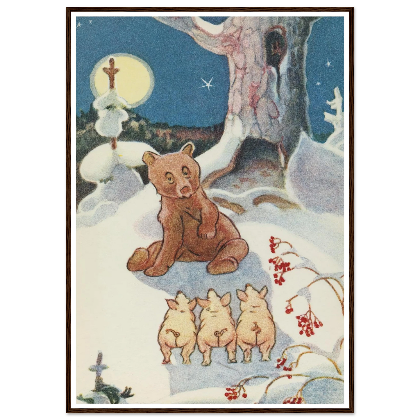 Bear and Pigs Snowy Night - Framed Poster - 30x40 cm / 12x16″ - Black frame
