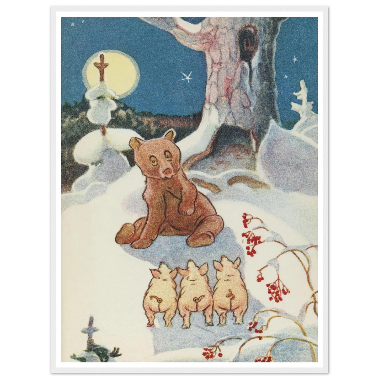 Bear and Pigs Snowy Night - Framed Poster - 30x40 cm / 12x16″ - Black frame