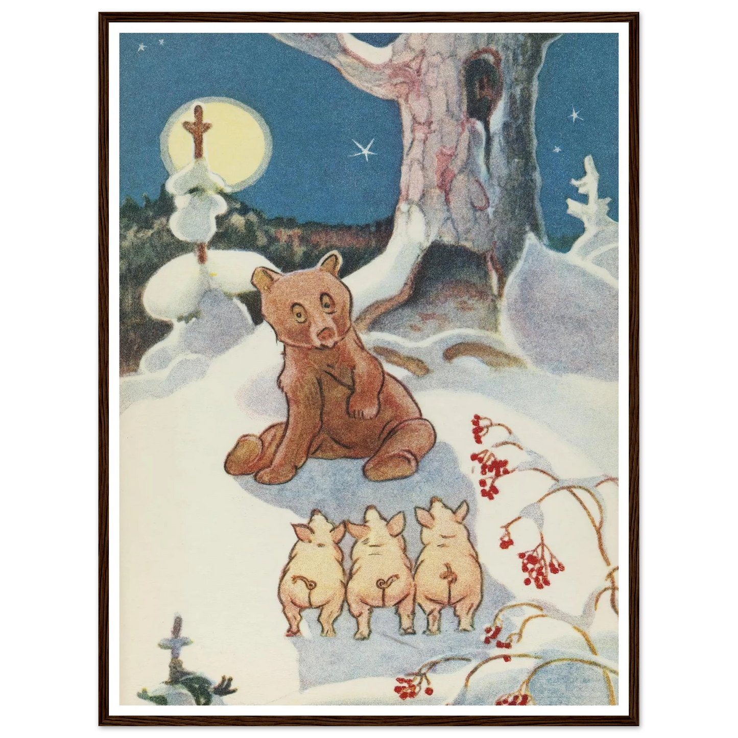Bear and Pigs Snowy Night - Framed Poster - 30x40 cm / 12x16″ - Black frame