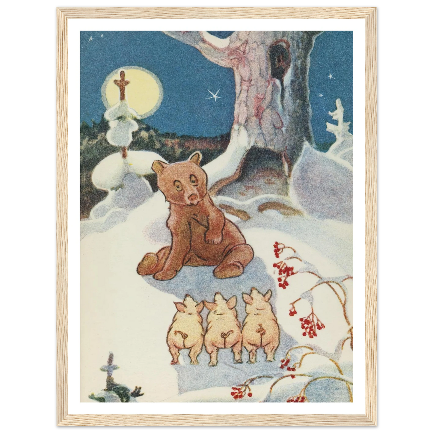 Bear and Pigs Snowy Night - Framed Poster - 30x40 cm / 12x16″ - Black frame