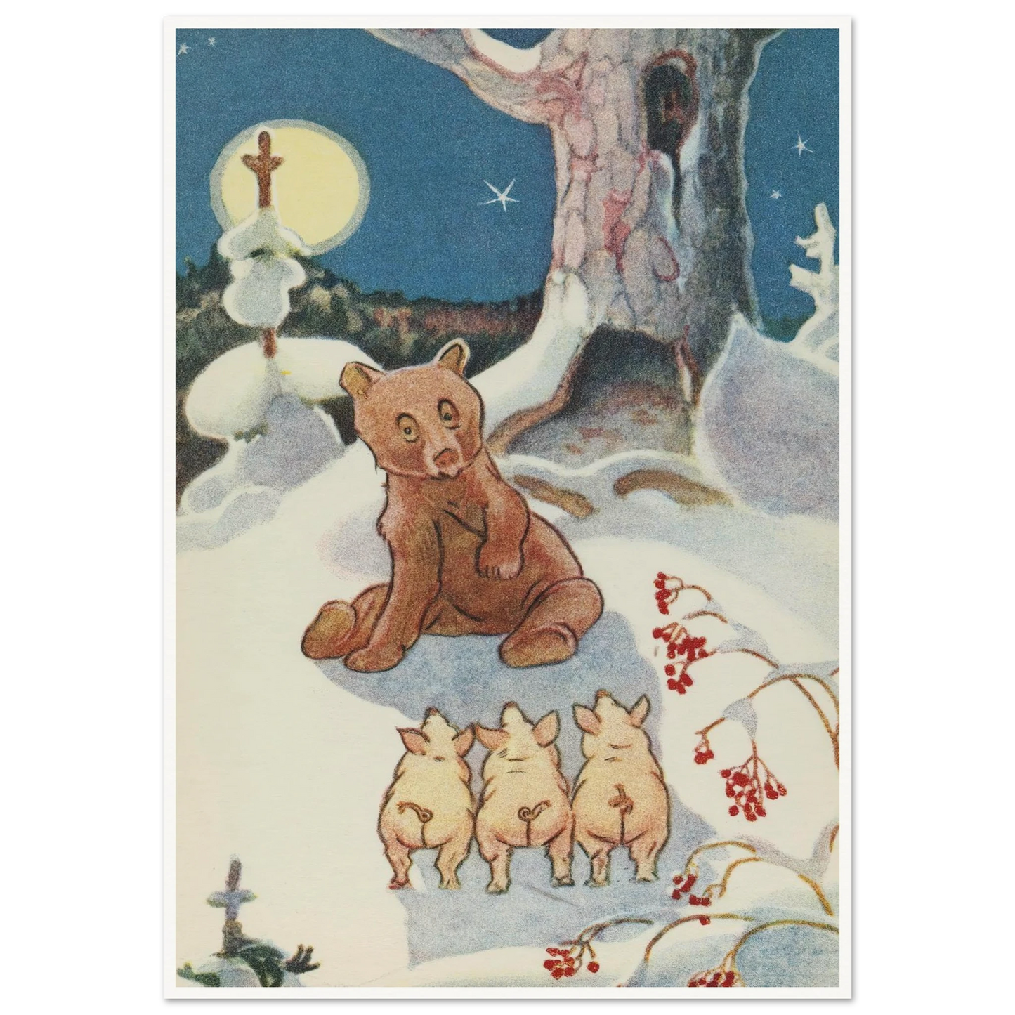 Bear and Pigs Snowy Night - Framed Poster - 30x40 cm / 12x16″ - Black frame