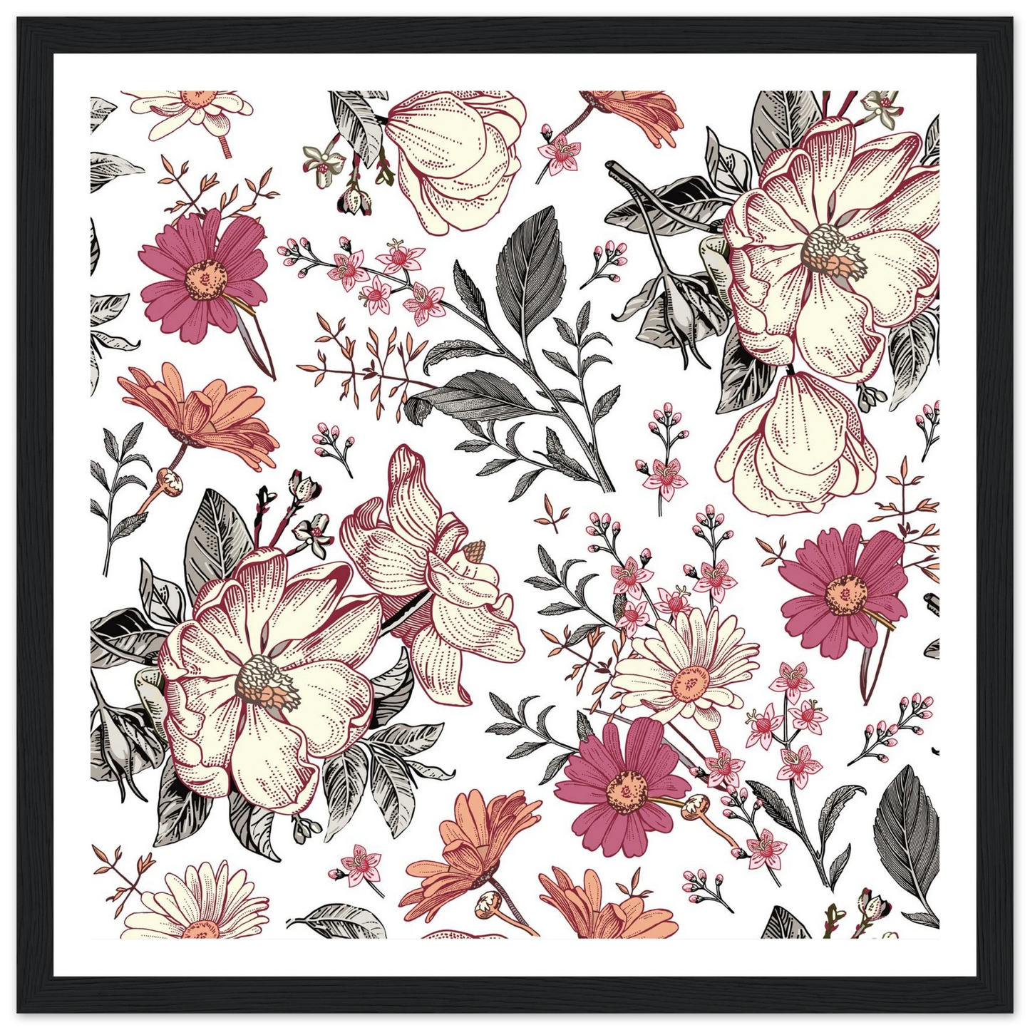 Blackwork Botanical Art Print | William Morris Inspired - Framed Poster - 30x30 cm / 12x12″ - Black frame