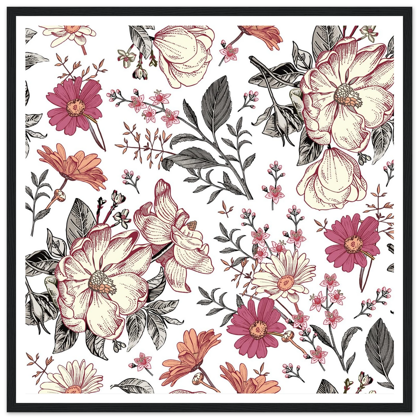 Blackwork Botanical Art Print | William Morris Inspired - Framed Poster - 30x30 cm / 12x12″ - Black frame