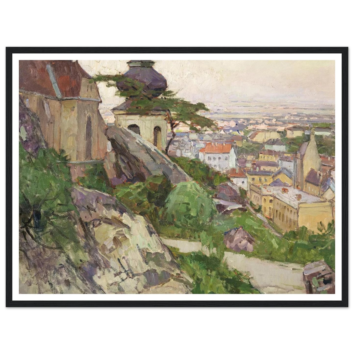 Blick auf Mödling von dem Weg zum Liechtenstein oberhalb der Pfarrkirche herab auf die Stadt (1942) Art Print | Carl Moll - Framed Poster - 30x40 cm / 12x16″ - Black frame