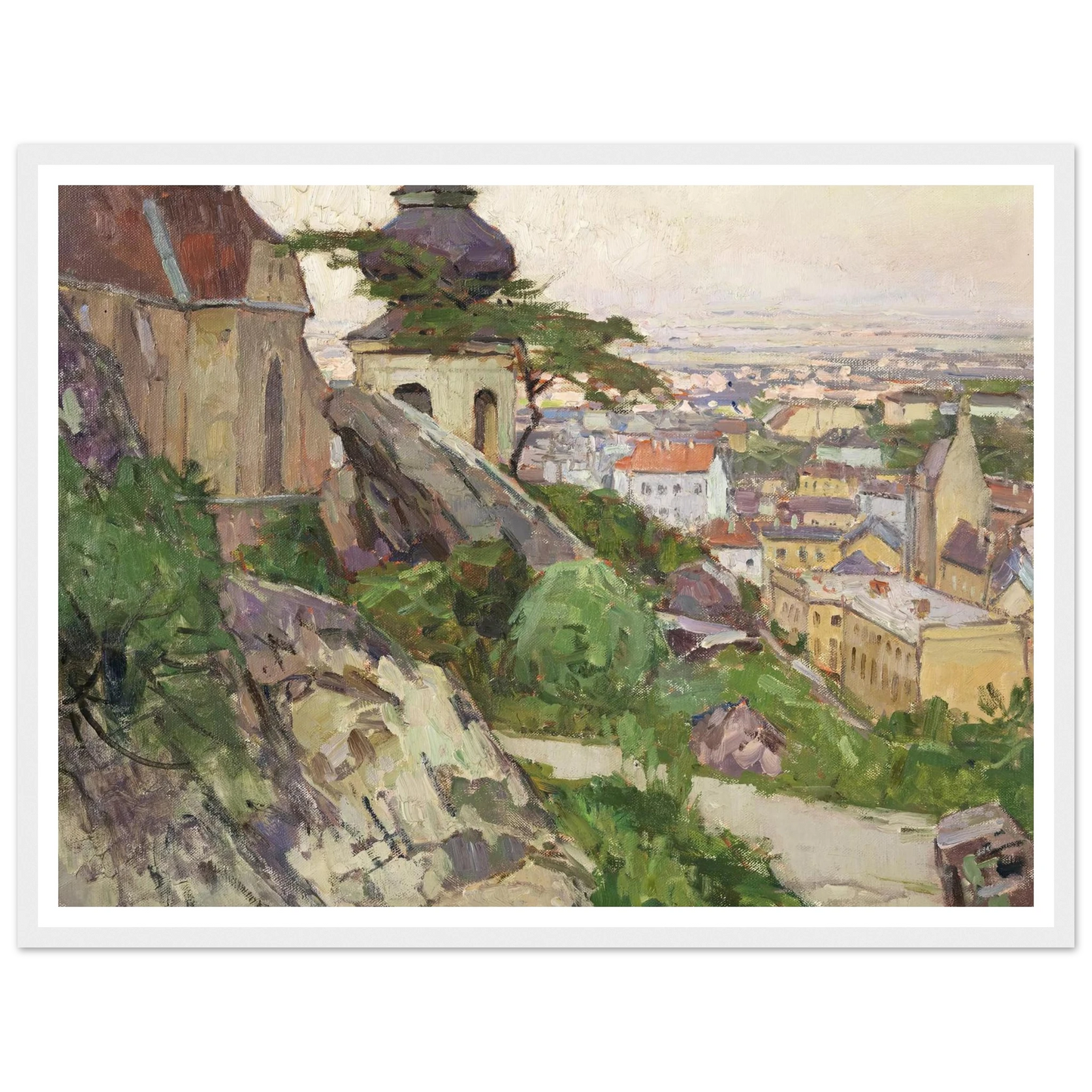 Blick auf Mödling von dem Weg zum Liechtenstein oberhalb der Pfarrkirche herab auf die Stadt (1942) Art Print | Carl Moll - Framed Poster - 30x40 cm / 12x16″ - Black frame