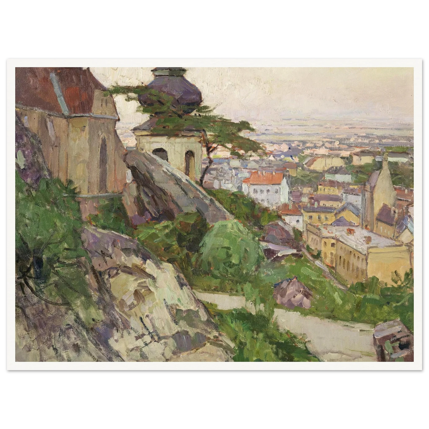Blick auf Mödling von dem Weg zum Liechtenstein oberhalb der Pfarrkirche herab auf die Stadt (1942) Art Print | Carl Moll - Framed Poster - 30x40 cm / 12x16″ - Black frame